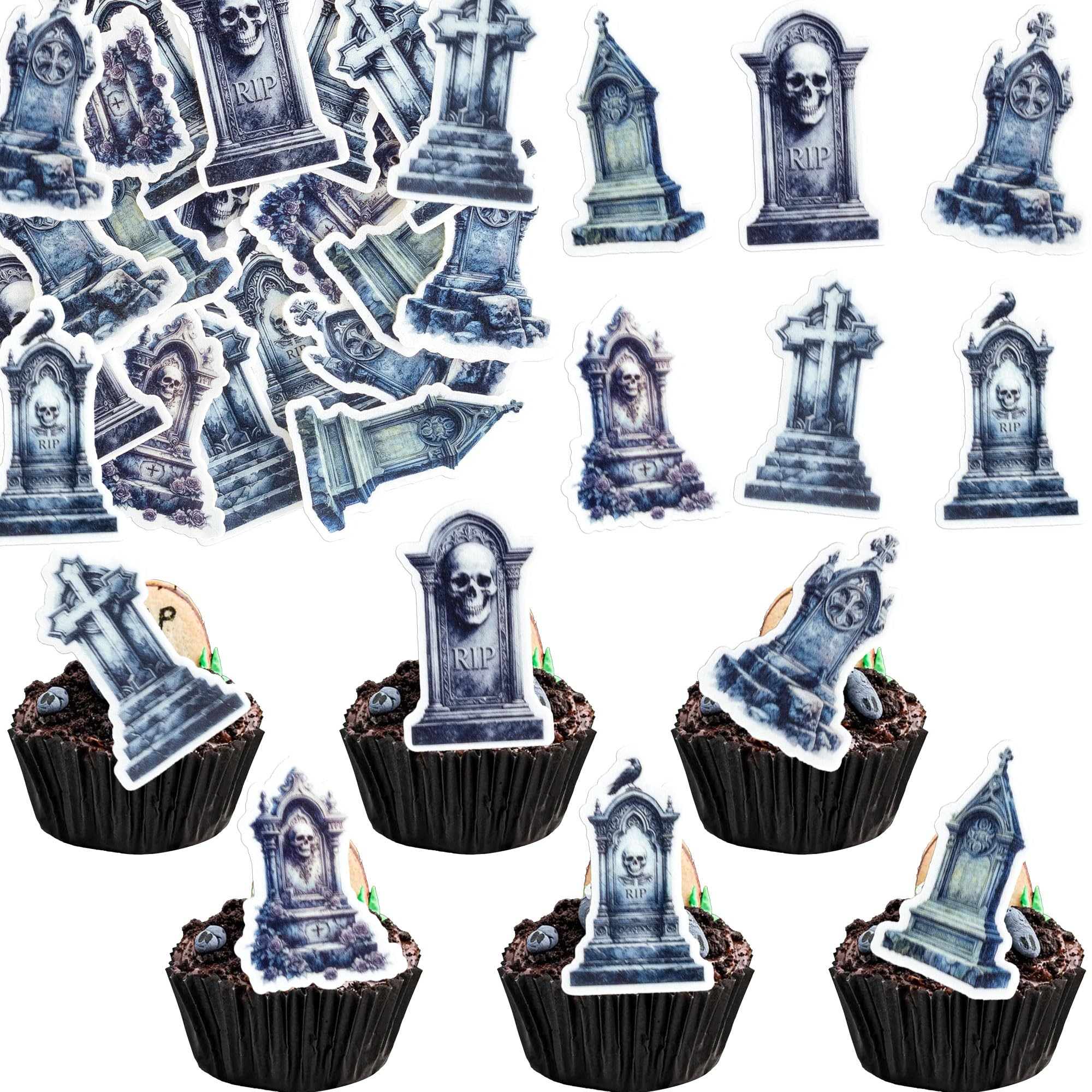 Gyufise 56Pcs Edible Halloween Tombstone Cupcake Toppers Cemetery Graveyard Zombie Skeleton Hands Cupcake Picks Decoration for Halloween Horror Birthday Party Supplies Dark Silver