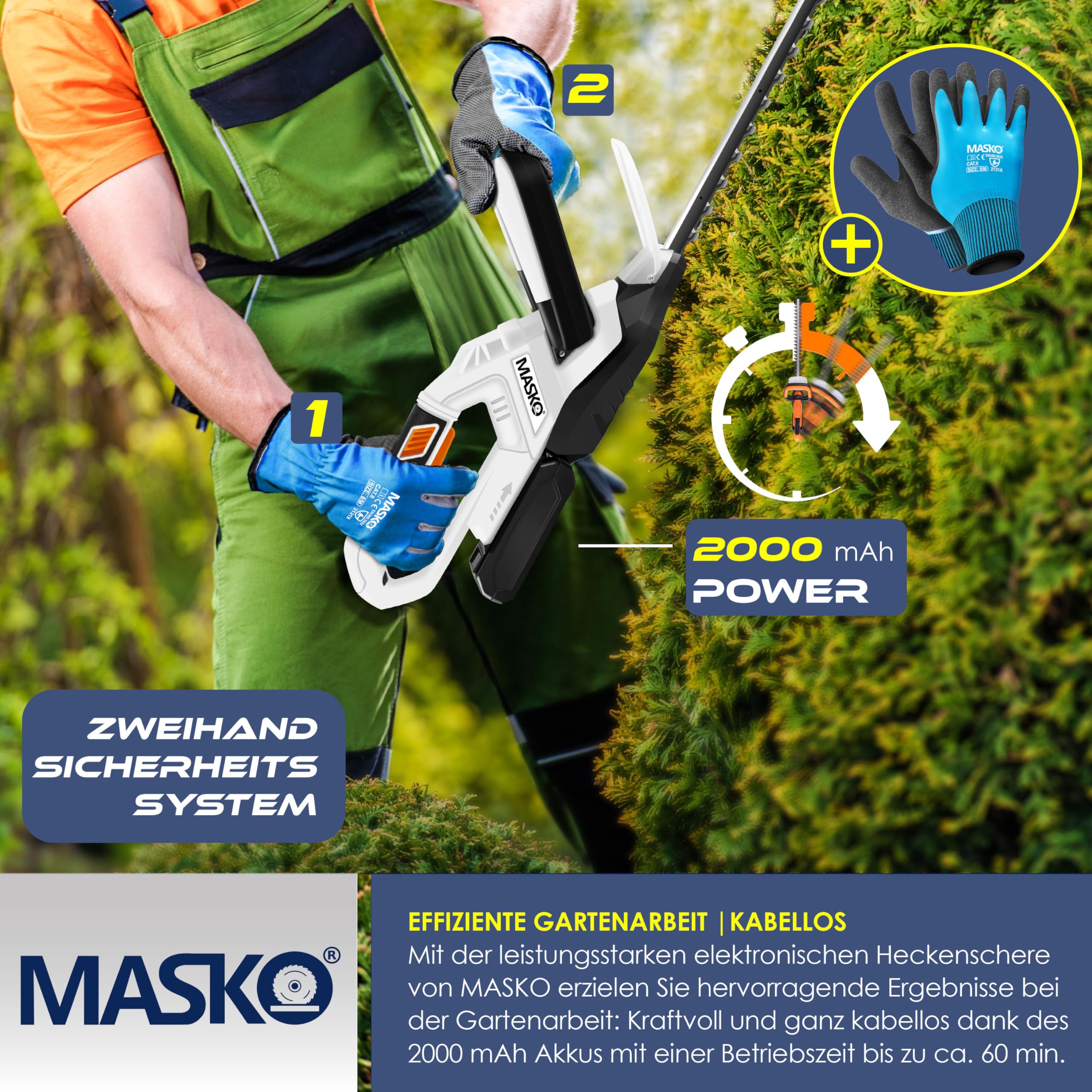 MASKO® Akku Heckenschere Profi Hecken & Strauchschere 57cm Schnittlänge Inkl. Handschuhe, Schutzhülle & 21V Akku 2,0 Ah mit Ladegerät, 27mm Zahnabstand Dual Schnittklingen Verstellbarer Griff Weiß