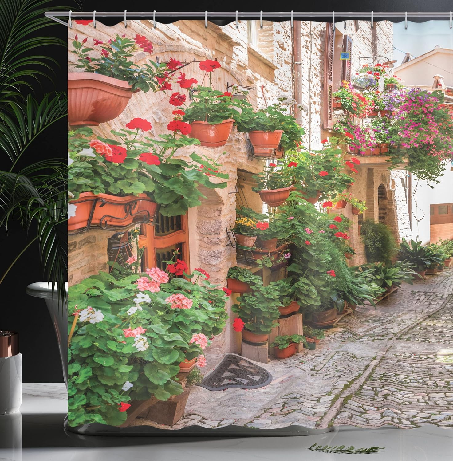 Ambesonne Italian Shower Curtain, Street View of a Small Renaissance Town with Floral Porches and Rock Mediterranean, Cloth Fabric Bathroom Decor Set with Hooks, 69" W x 75" L, Jade Green Vermilion