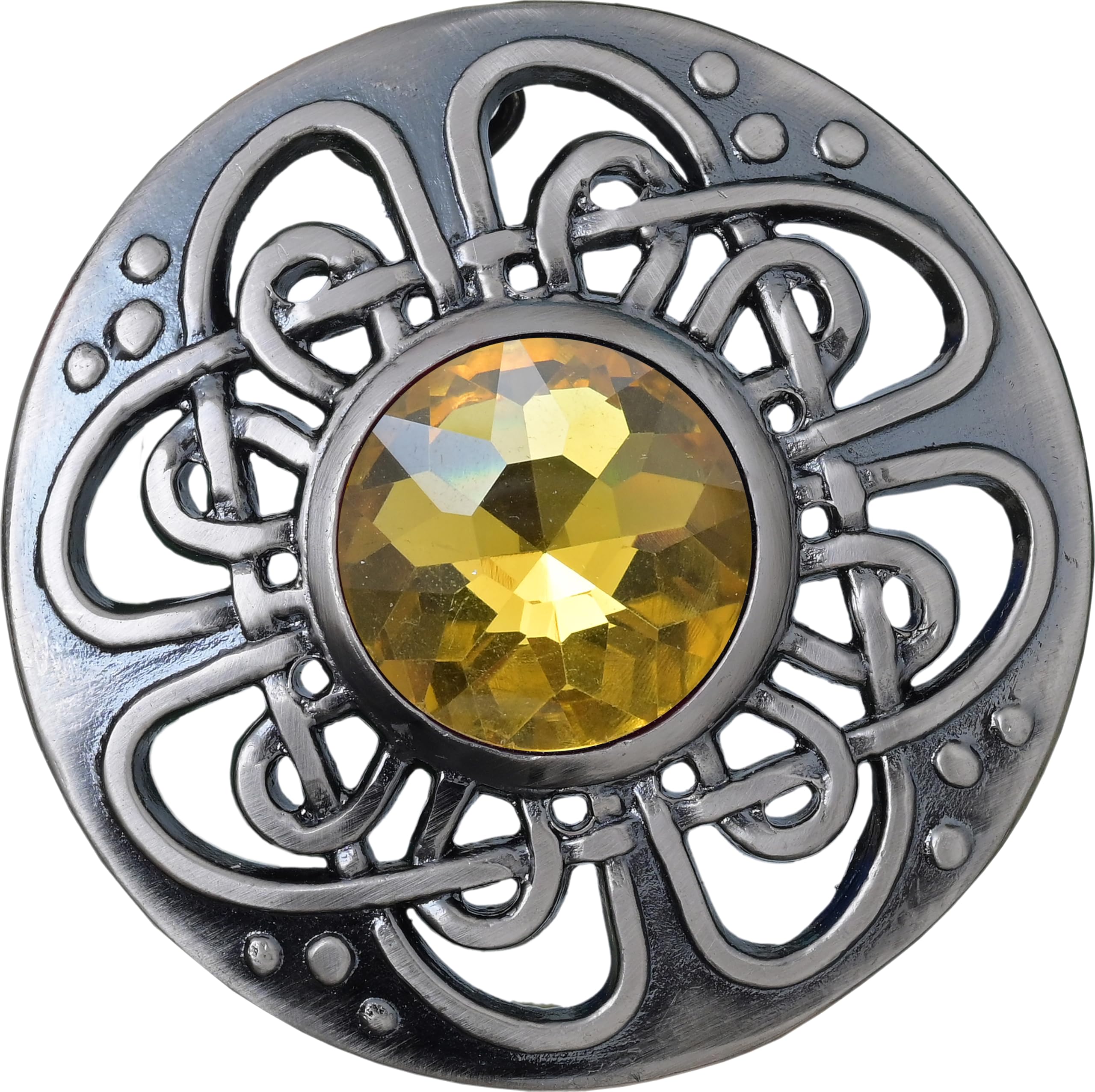 Elegant Culloden Plaid Brooch – Scottish Kilt Fly Plaid Brooch Intricate Celtic Knot in Pewter with Gemstone 3-Inch Diameter – Ideal for Scottish Kilts &amp; Formal Wear