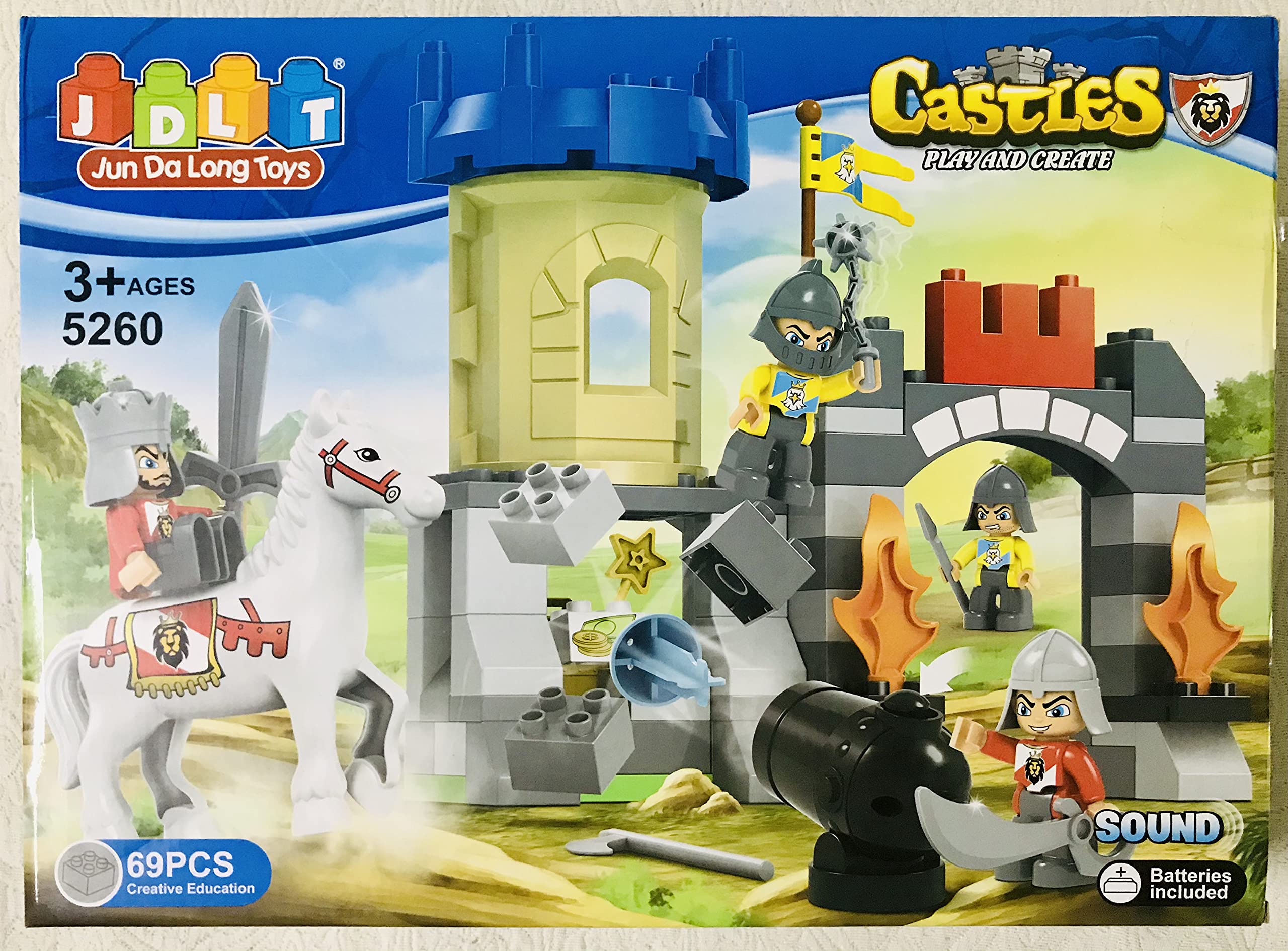 Toys Hill Big King Castle with Army & Horse Block Set with Sound - (69 Pieces ) Multicolor . Amazing Building Block KIT for Your Kids Learning & Improving Building Skills (King Castle)