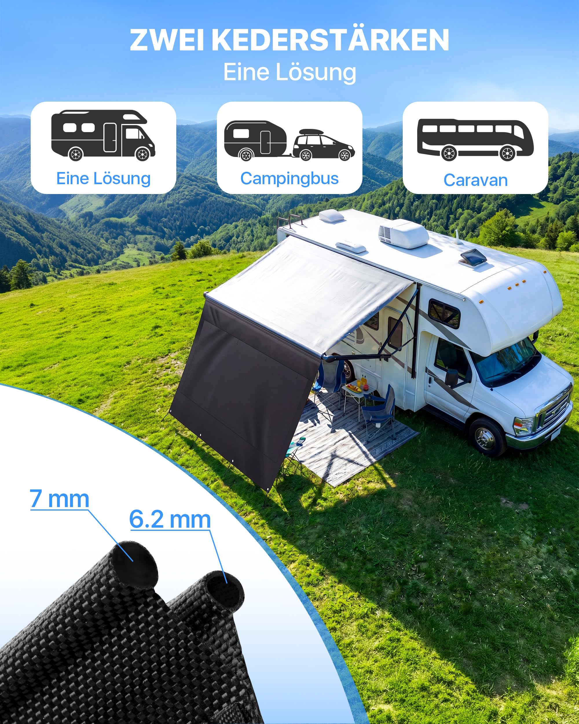 Signstek Sonnenschutz Vorderwand für Wohnmobil Markise 3,25x2m | UPF 50+ | Wasserdichtes Sonnensegel mit Keder (Ø 6,2/7 mm) | Für Wohnwagen | Schutz vor UV & Regen