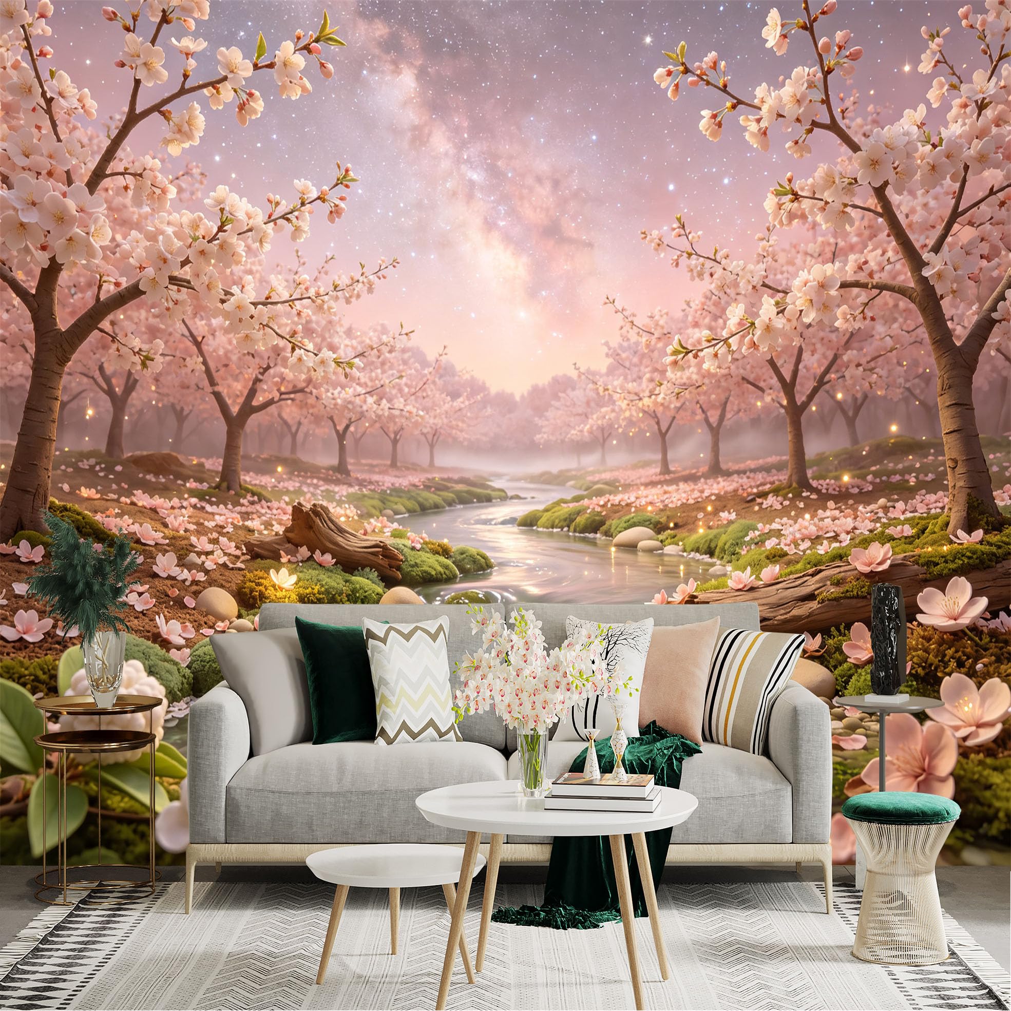 Lnzczhyre Bh260719225 Custom Size Wall Sticker Mural， Pink Cherry Blossoms， Serene Flowing Stream， Dreamy Spring Landscape， Starry Night Sky， For Wall Decoration， Peelandstick Wall Decals.
