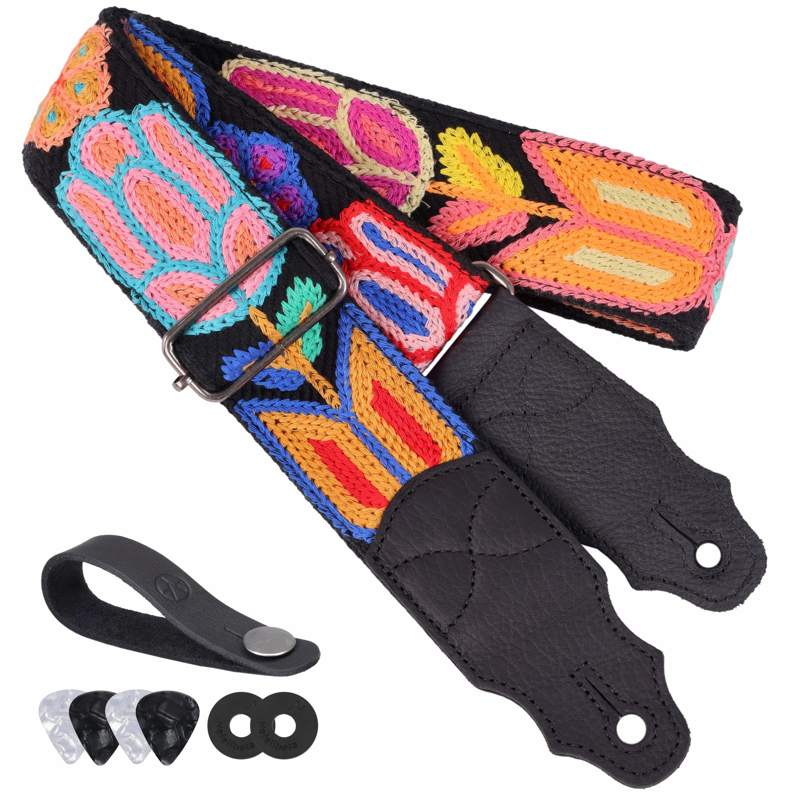 YIKOKO Guitar Strap 2", Soft Woolen Knit, Cowhide Leather End, for Acoustic and Bass Electric Guitars Free Button