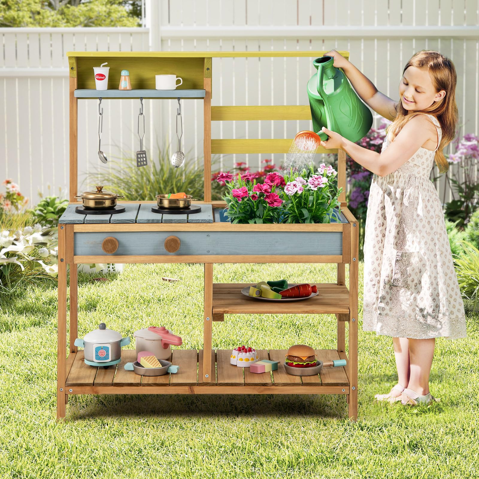 GOPLUS Matschküche Kinder Outdoor, Spielküche aus Holz mit Abnehmbarer Spüle & 3 Haken zum Aufhängen, Kinderküche mit Stauraum für den Garten, für Jungen & Mädchen ab 3 Jahren (Natur)