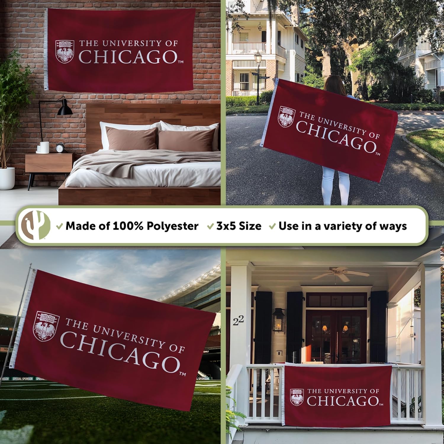 Desert Cactus The University of Chicago TUC Flag - 3 x 5 Feet Maroons Banner, Indoor/Outdoor Durable Fabric, 100% Polyester Design (Style A)