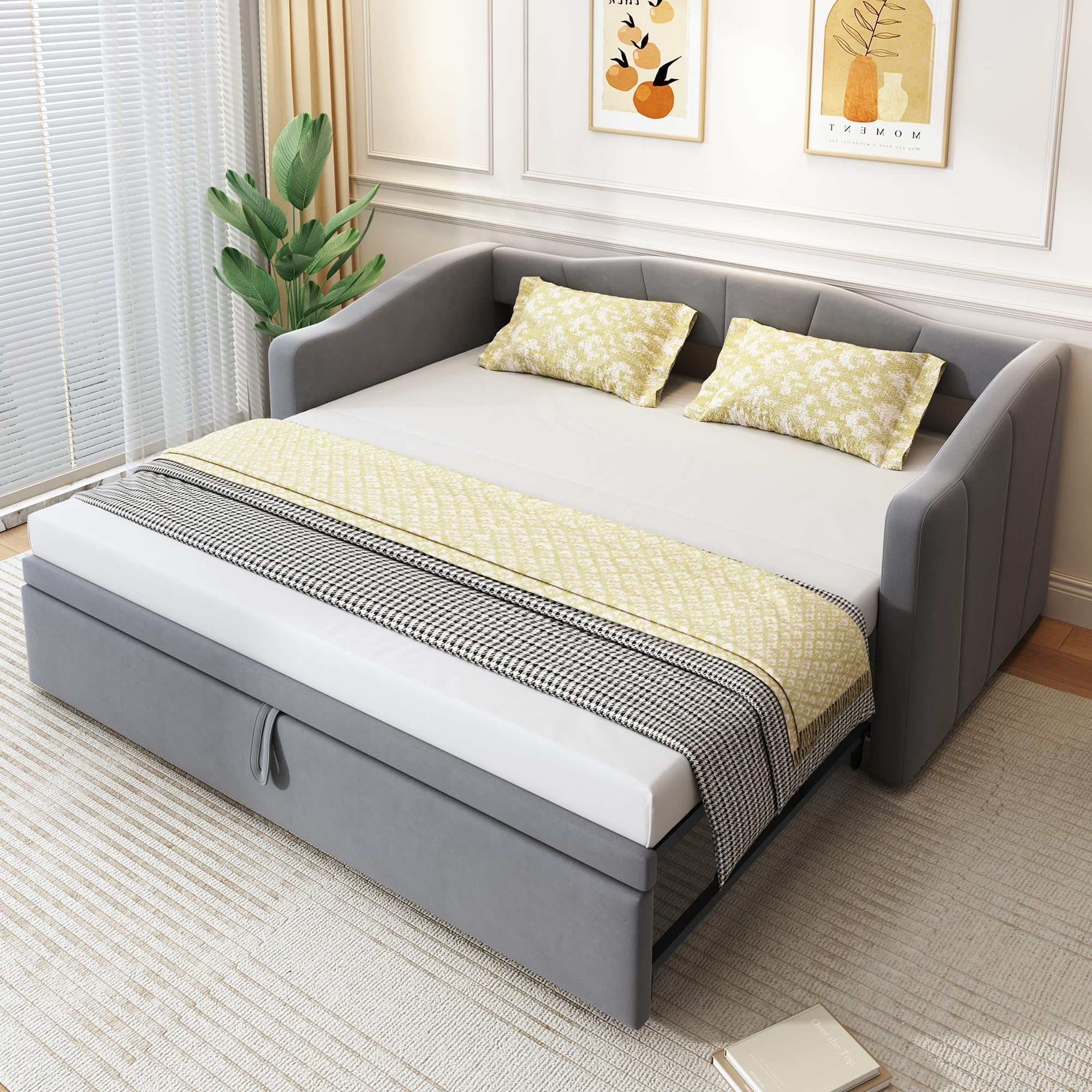 Soweiz Sofá Cama Extensible 90/180 x 200 cm Con Somieres - Multifunción de Terciopelo Agradable al Tacto, Color Gris