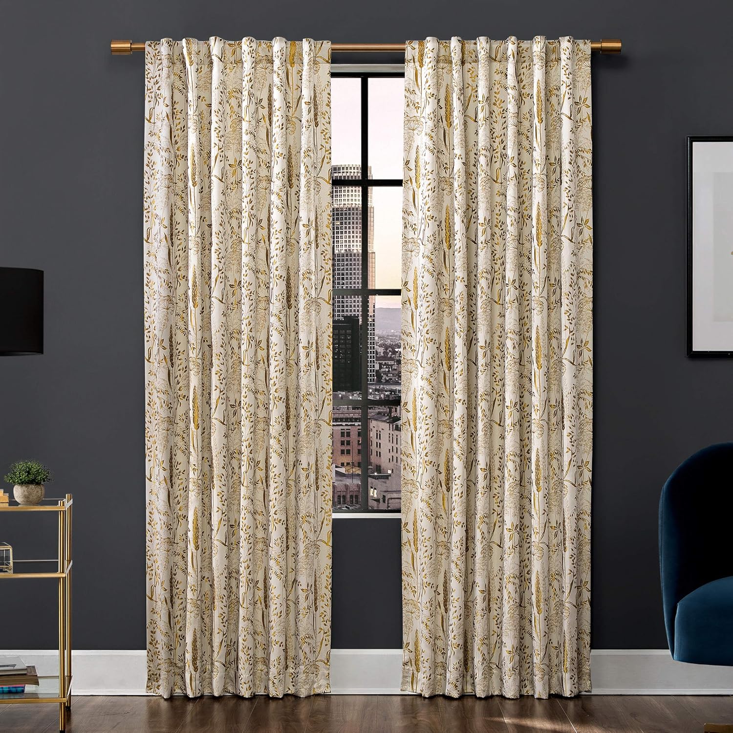 Scott Living Aubry Shimmering Floral Total Blackout Back Tab Curtain Panel, 52" x 96", Gold