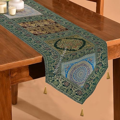 Handicraft Bazarr Camino de mesa con bordado dorado estilo bohemio y estable con borlas antideslizantes mantel individual de seda brocada camino de