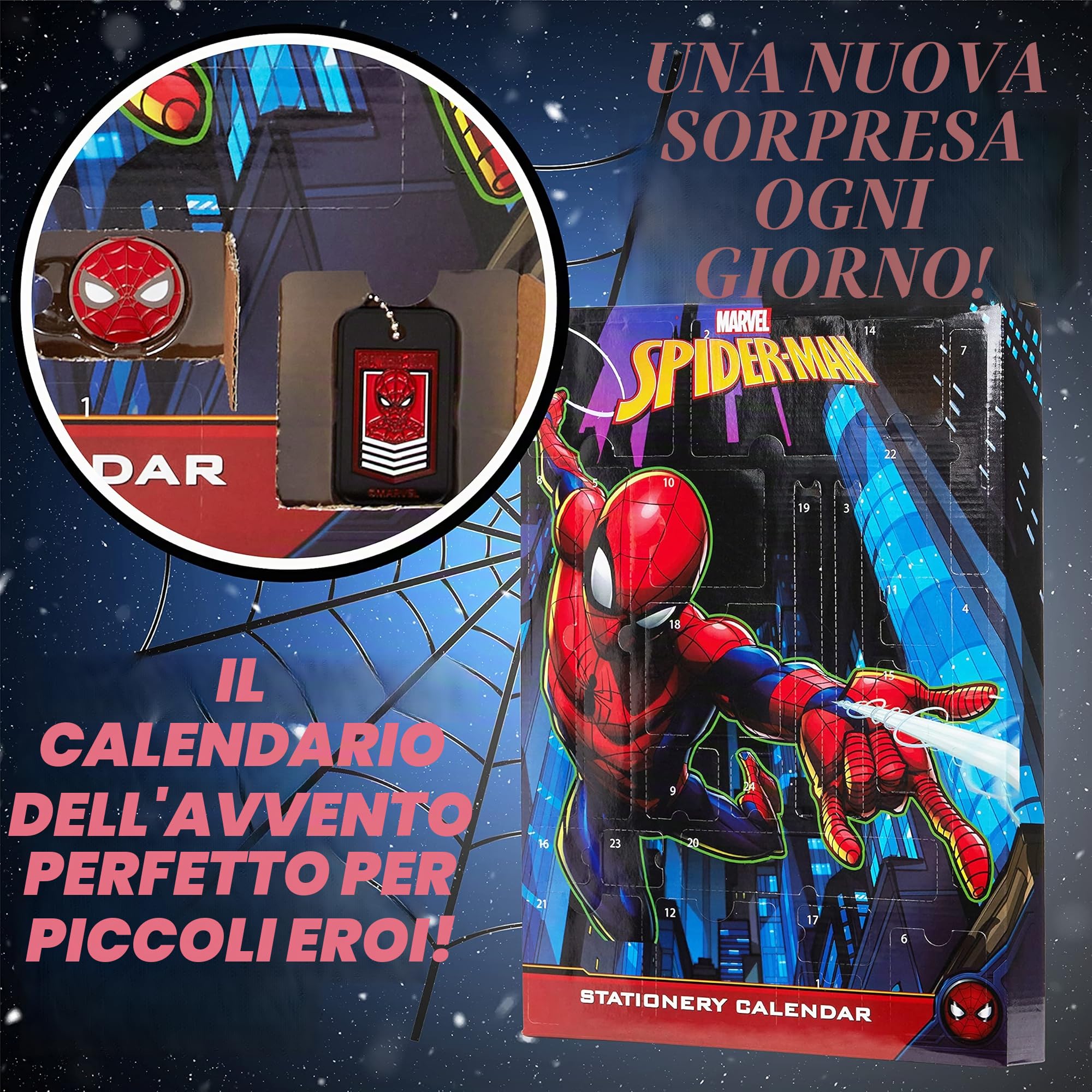Marvel Spiderman Calendario Avvento 2025 Bambini Countdown Natale Calendari Avvento Cartoleria Materiale Scuola Portachiavi Penna (Spiderman Multicolore)