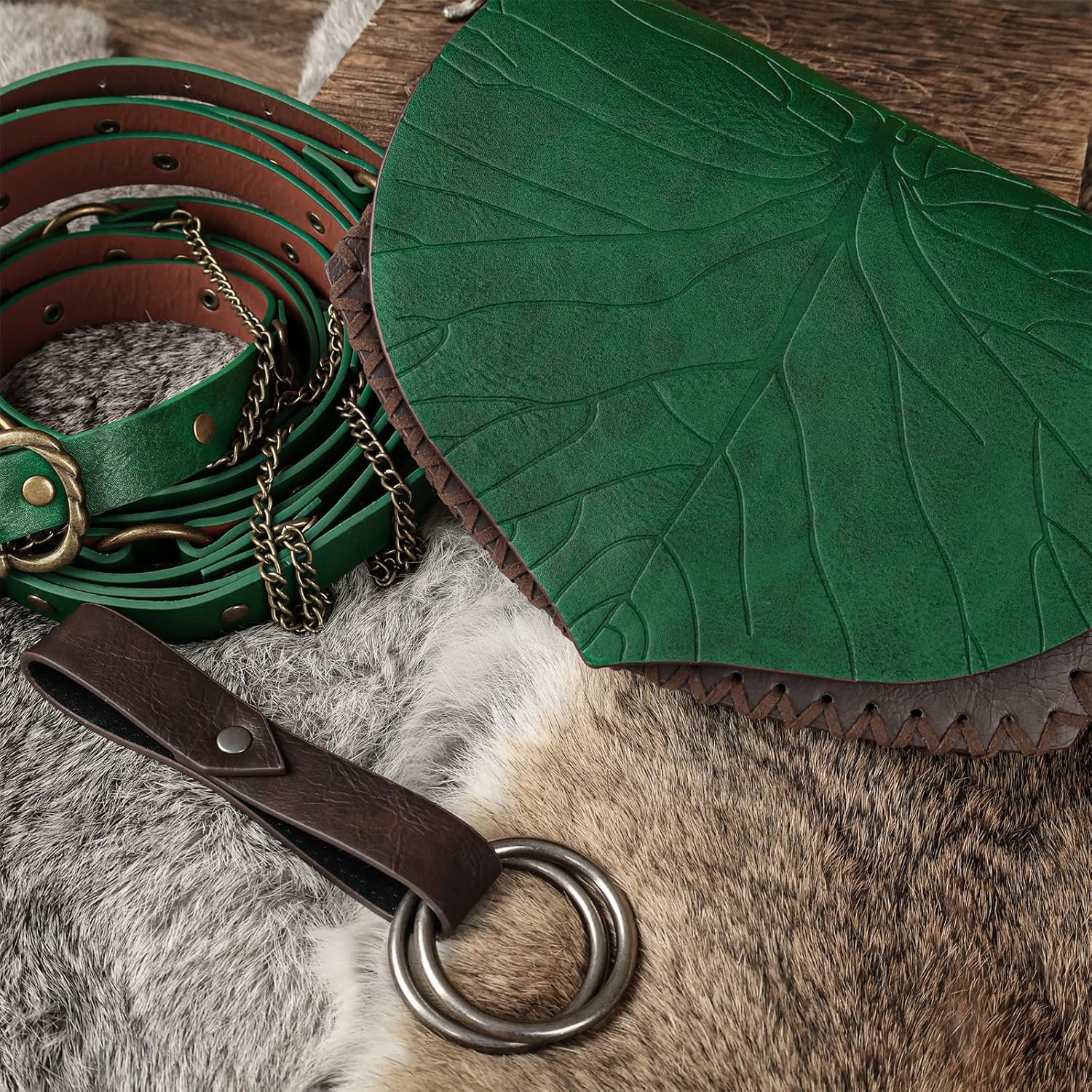 Leaf-Patterned Waist Bag, Renaissance Multi-Turn Wrapped Faux Leather Belt with Skirt Clip for Ren Faire Forest Costumes (Green A) - Image 5