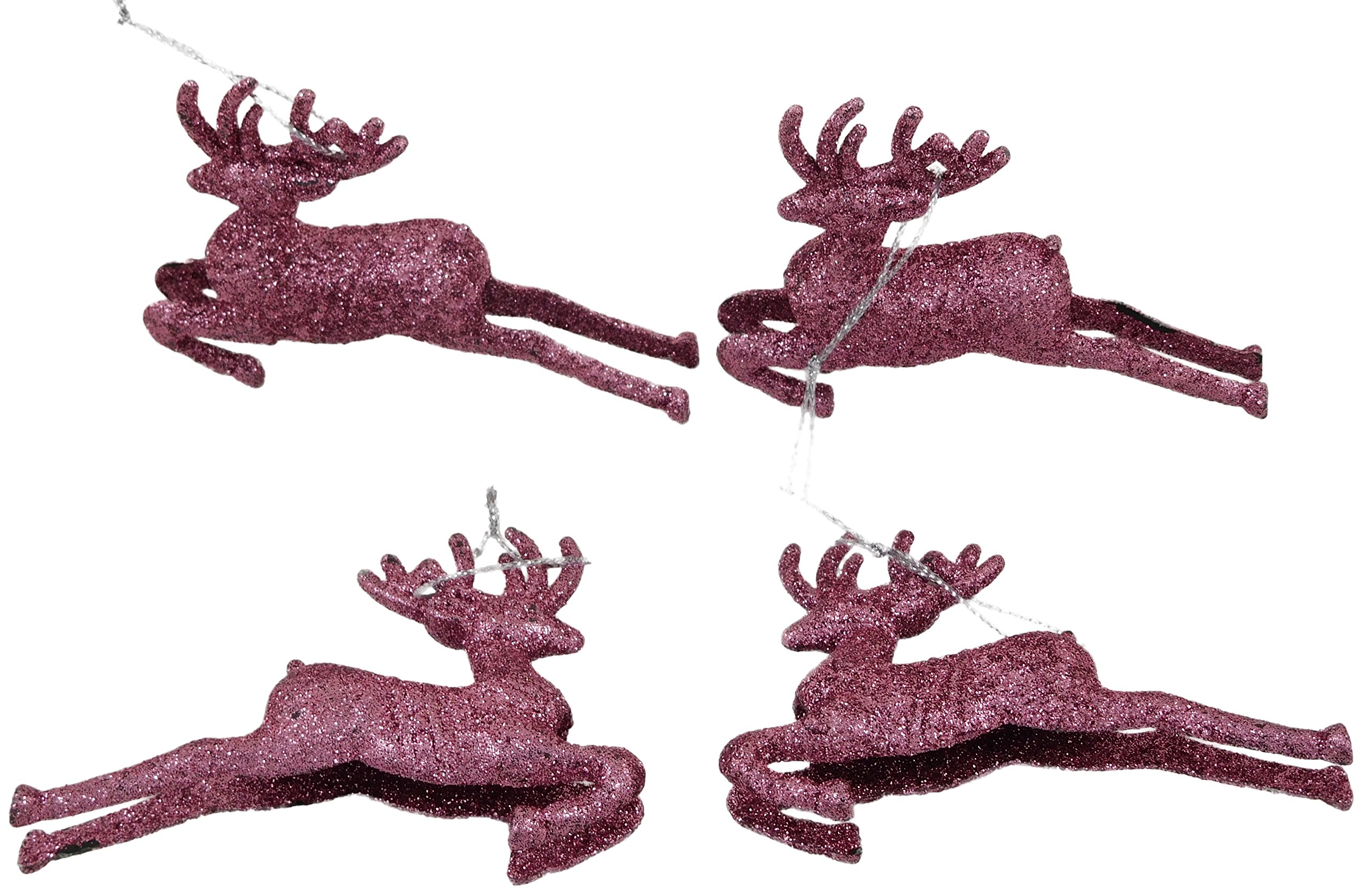 Pack Of 4 - 9.5cm Blush Pink Glitter Reindeer Christmas Decorations - Tree Trims - Pink Baubles.