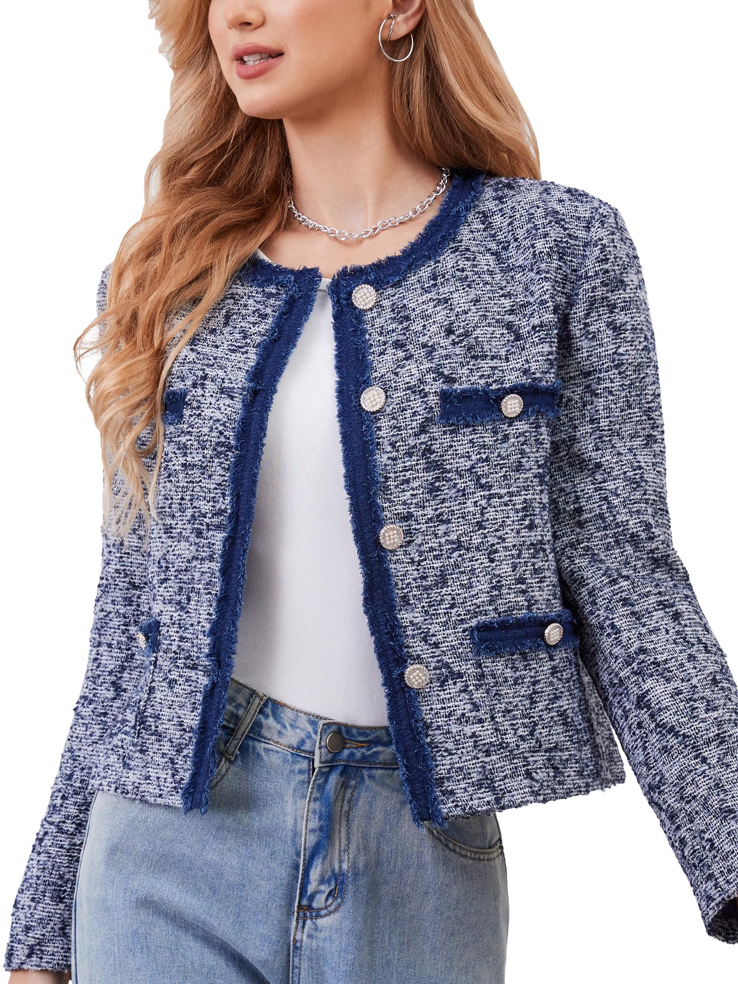 M.Infisavo Women's Tweed Blazer Jacket Cropped