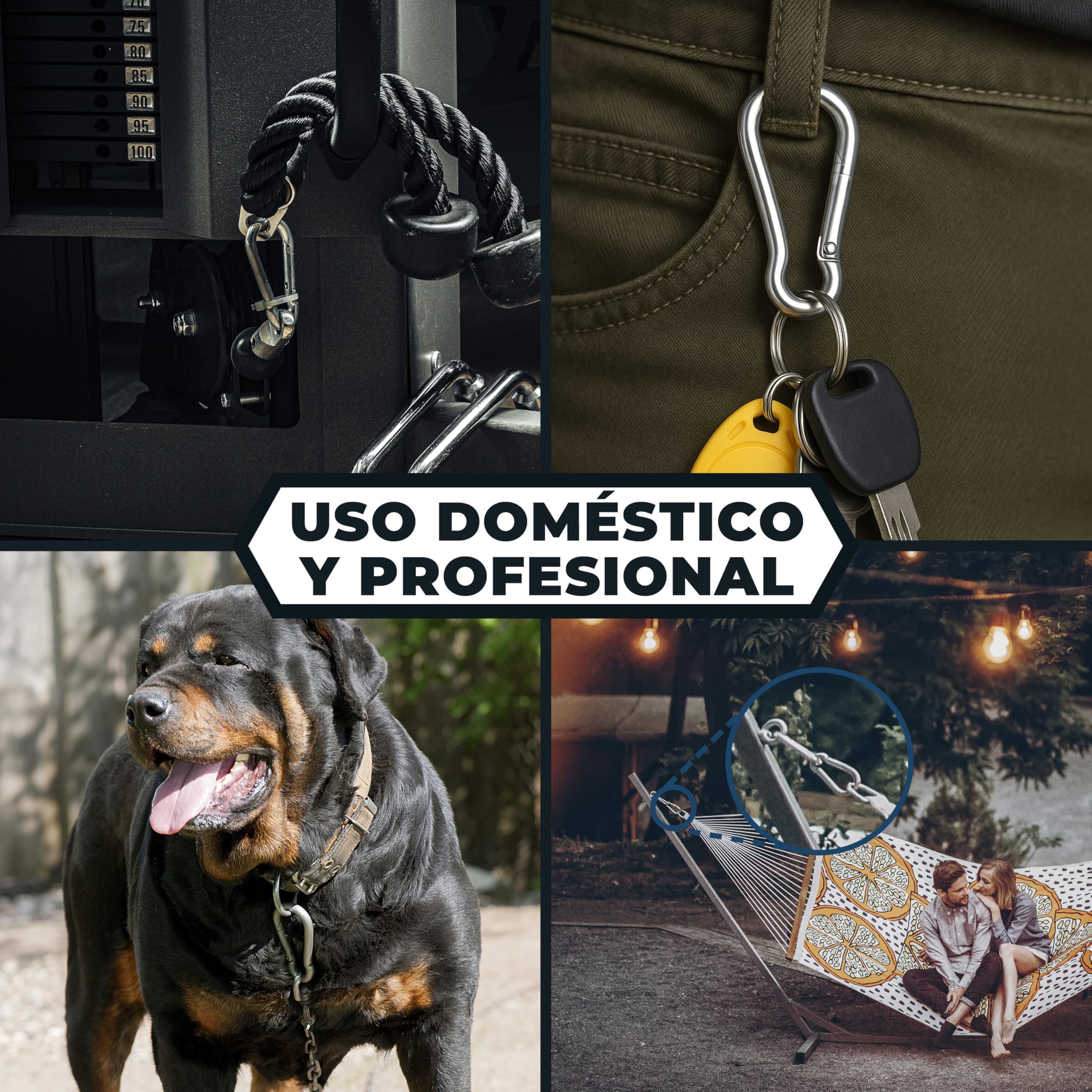 Moschettoni piccoli | Confezione 6, 12, 50 o 100 pezzi | 5x50, 6x60, 8x80 | Acciaio zincato | Resistenti e antiruggine | Moschettone per portachiavi, campeggio, tende da sole, amache, zaini