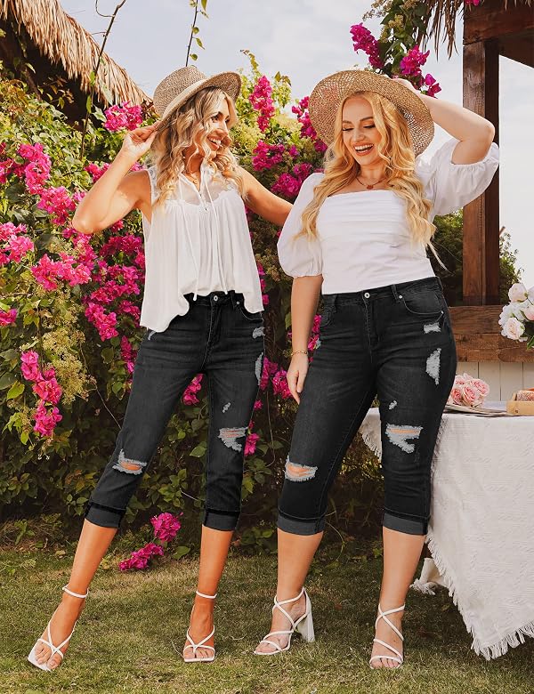 Luvamia Women's High Waist Ripped Capri Jeans - Black Ripped Capris Size 12/14 by luvamia - Used condition - Image 2