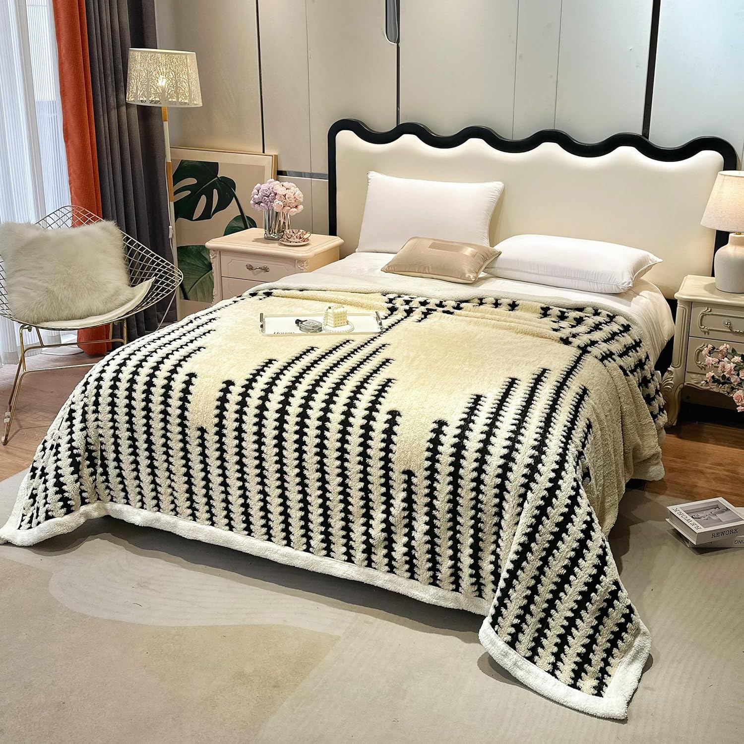 LEVINIS Boho Sherpa Fleece Blanket 80'' × 90'', Ultra Soft Aztec Queen Blanket for All Season, Cozy, Plush, Bohemian Throw Blankets for Bed/Couch/Sofa/Office/Camping, Off White - Image 3