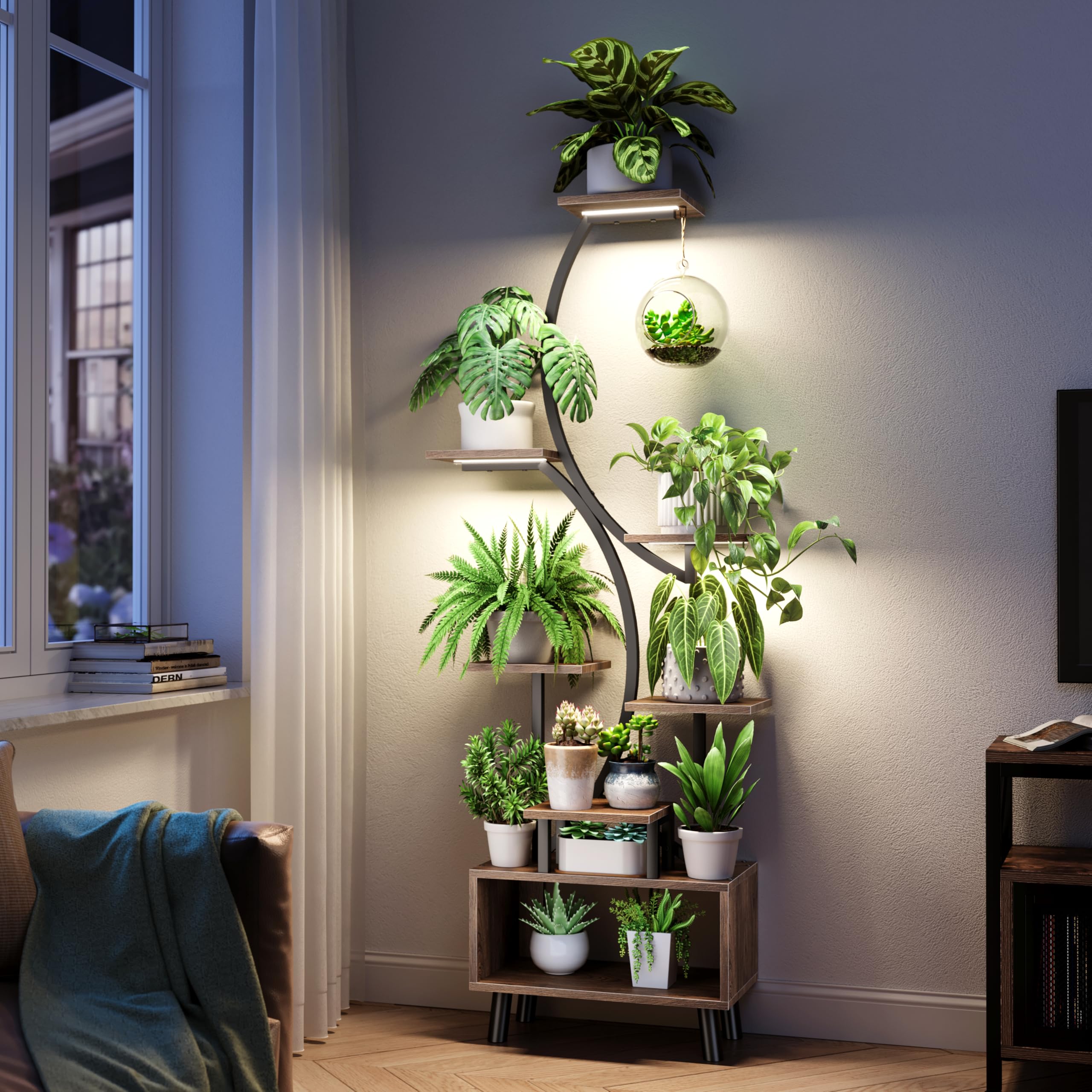 Étagère Plantes 160cm – 8 niveaux, LED croissance, métal + bois