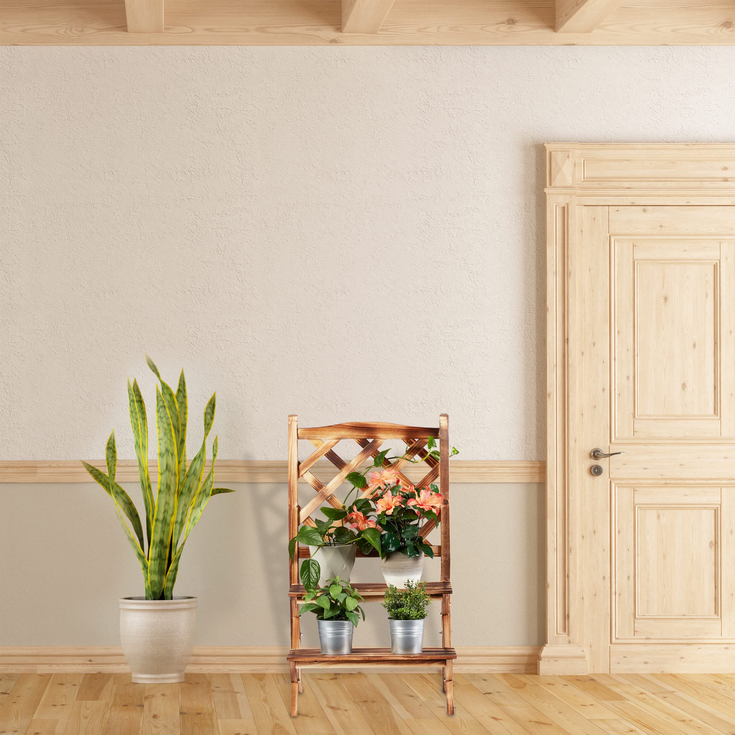 Relaxdays Fioriera a Scala con Spalliera, Portapiante, 2 Ripiani, Legno, HLP 109x61x40 cm, Effetto Bruciato