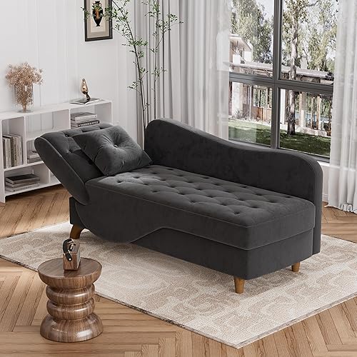 Miniatura 32 de Tumbona interior con almacenamiento, reposabrazos ajustable, silla de lectura reclinable, sofá cama con almohada, futón de terciopelo 3 en 1 para