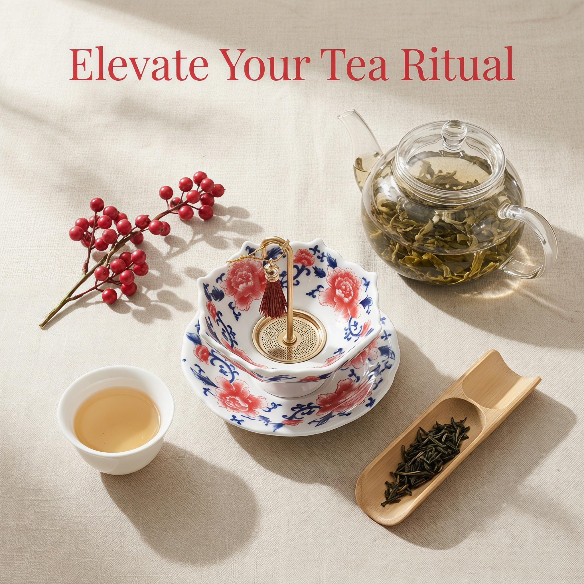 OUNONA 1 juego de colador de té de cerámica con forma de paraguas, filtro azul y blanco con soporte para té de hojas sueltas, accesorio para la ceremonia de beber de Kung Fu chino para el hogar, la