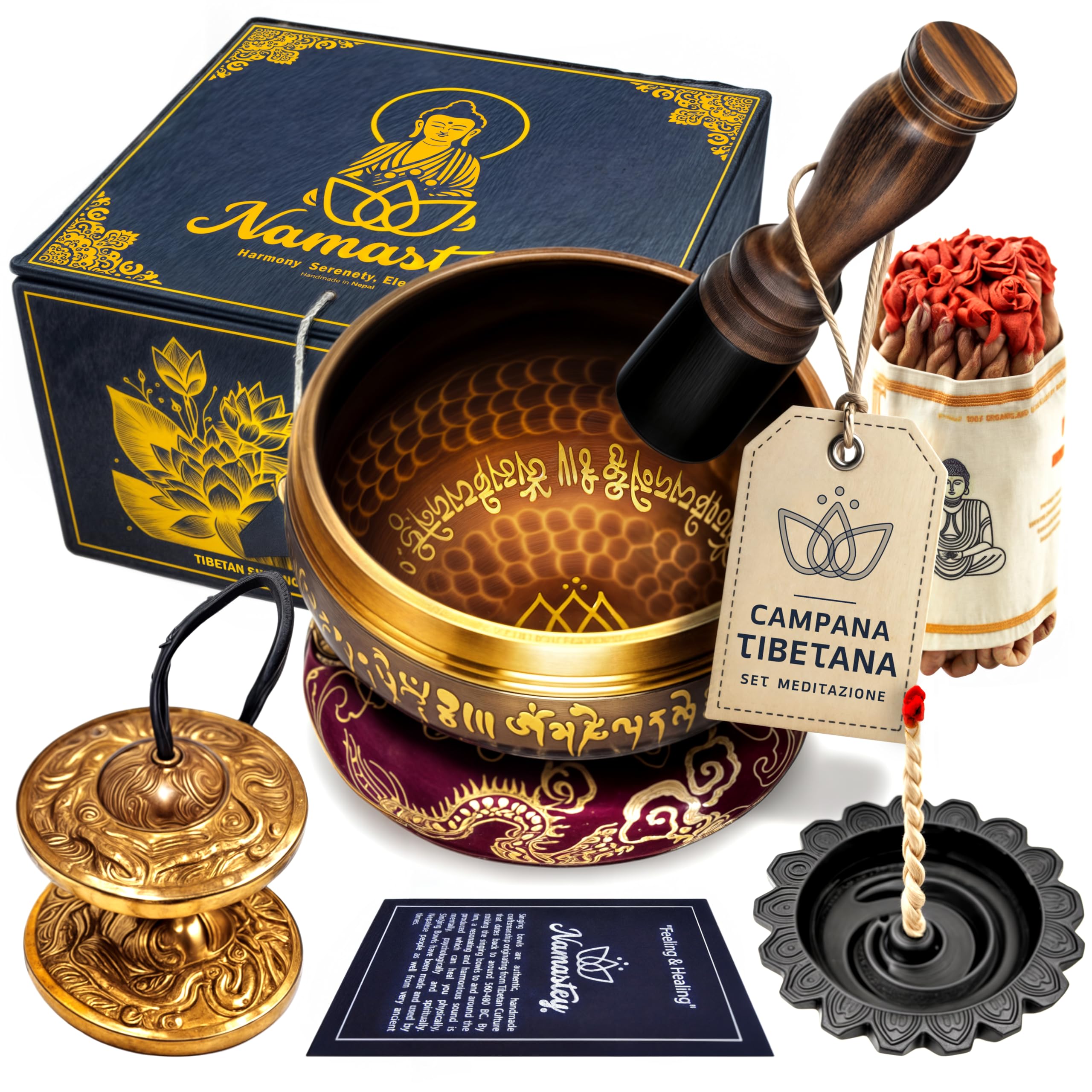 Campana Tibetana – Ø10 cm – Cimbali tibetani – Tingsha – Bruciatore incenso – Incenso di Corda – In Scatola di Lokta – Set di Accessori per Meditazione e Yoga – Fatto a Mano in Nepal