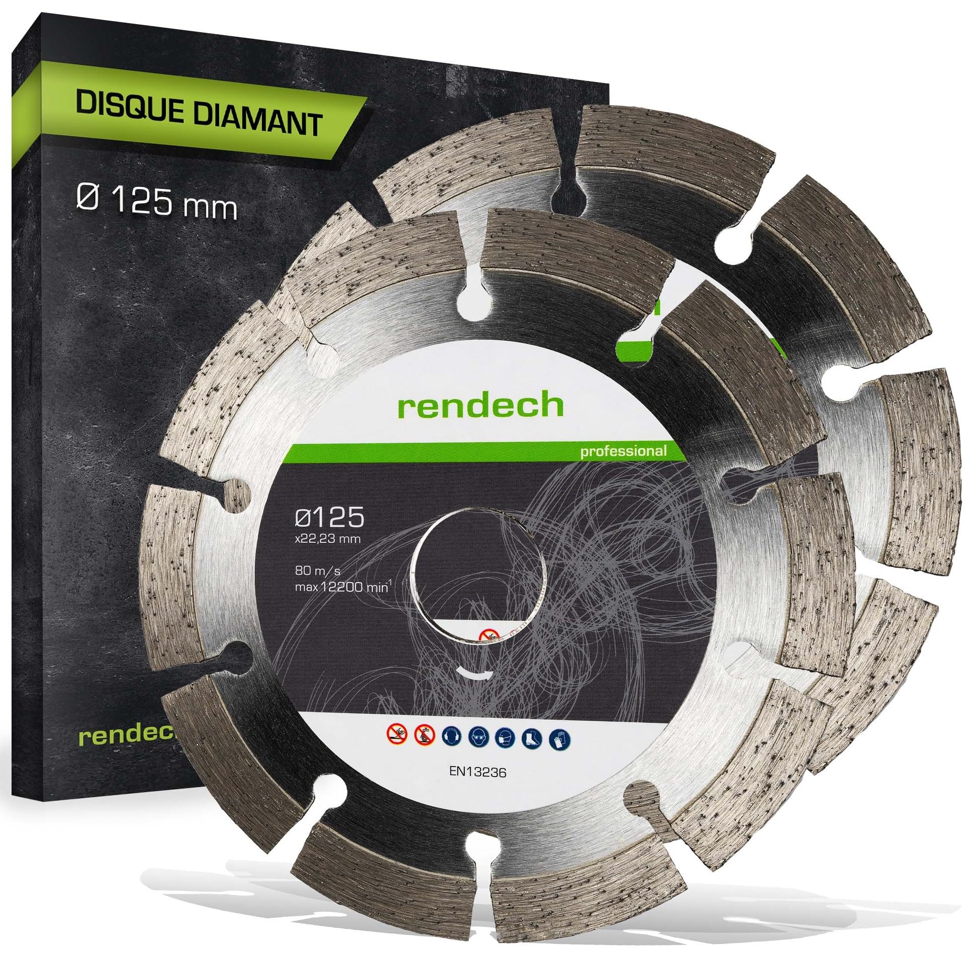 rendech® Disque diamant 125 mm professionnel pour Béton, Pierre, Brique etc. - Disques à tronçonner diamantés haute performance | Lot de 2