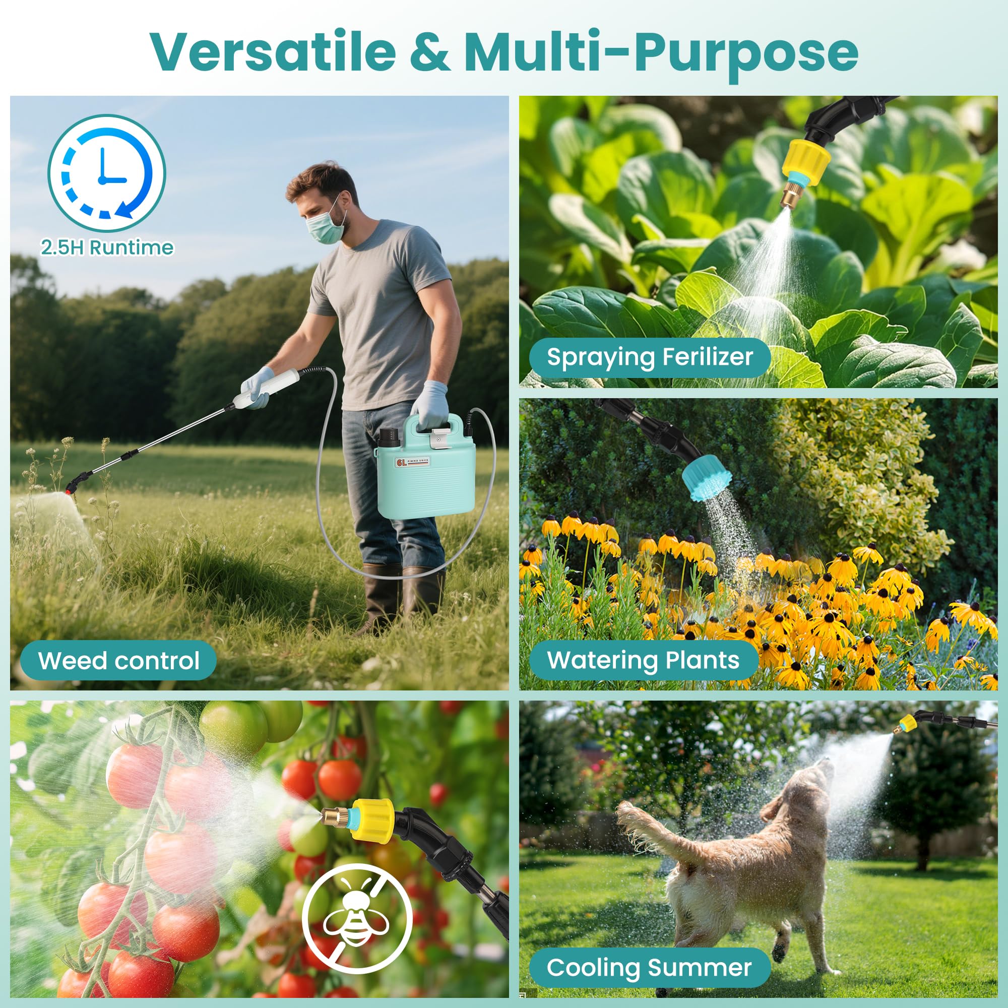 Pulvérisateur électrique de jardin de 5 litres – Pulvérisateur de mauvaises herbes alimenté par piles avec 3 buses, pulvérisateur à dos dans la pelouse et le jardin, pulvérisateur à pompe pour