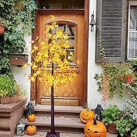 Vista 1 de Árbol de arce artificial solar de 6 pies con 120 luces LED blancas cálidas preiluminadas, decoración de árbol de otoño con modos de iluminación