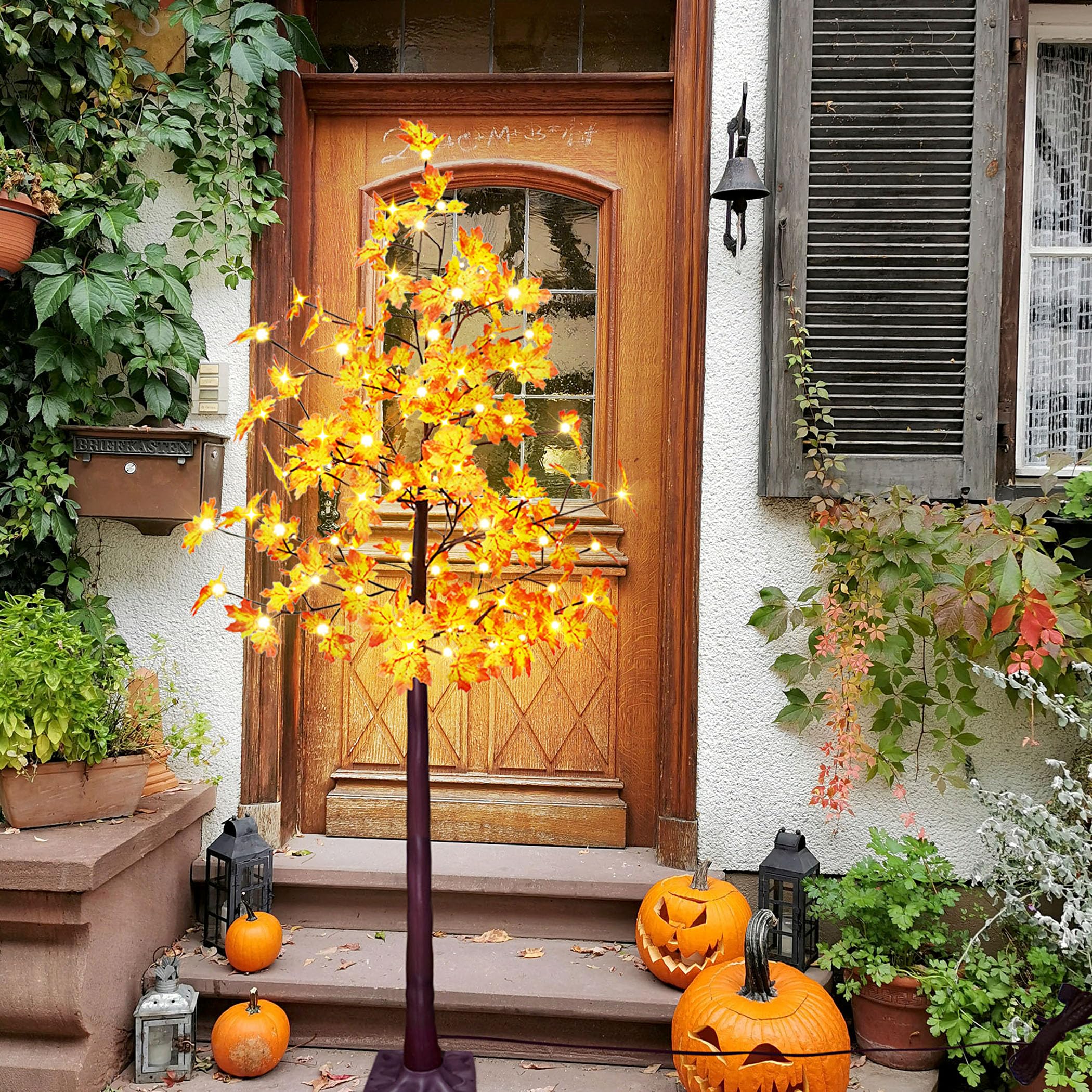 6ft Solar Artificial Maple Tree with 120 Warm White LED Lights Prelit Fall Tree Decor with Blink Lighting Modes Waterproof for Thanksgiving Autumn Outdoor Home Decoration