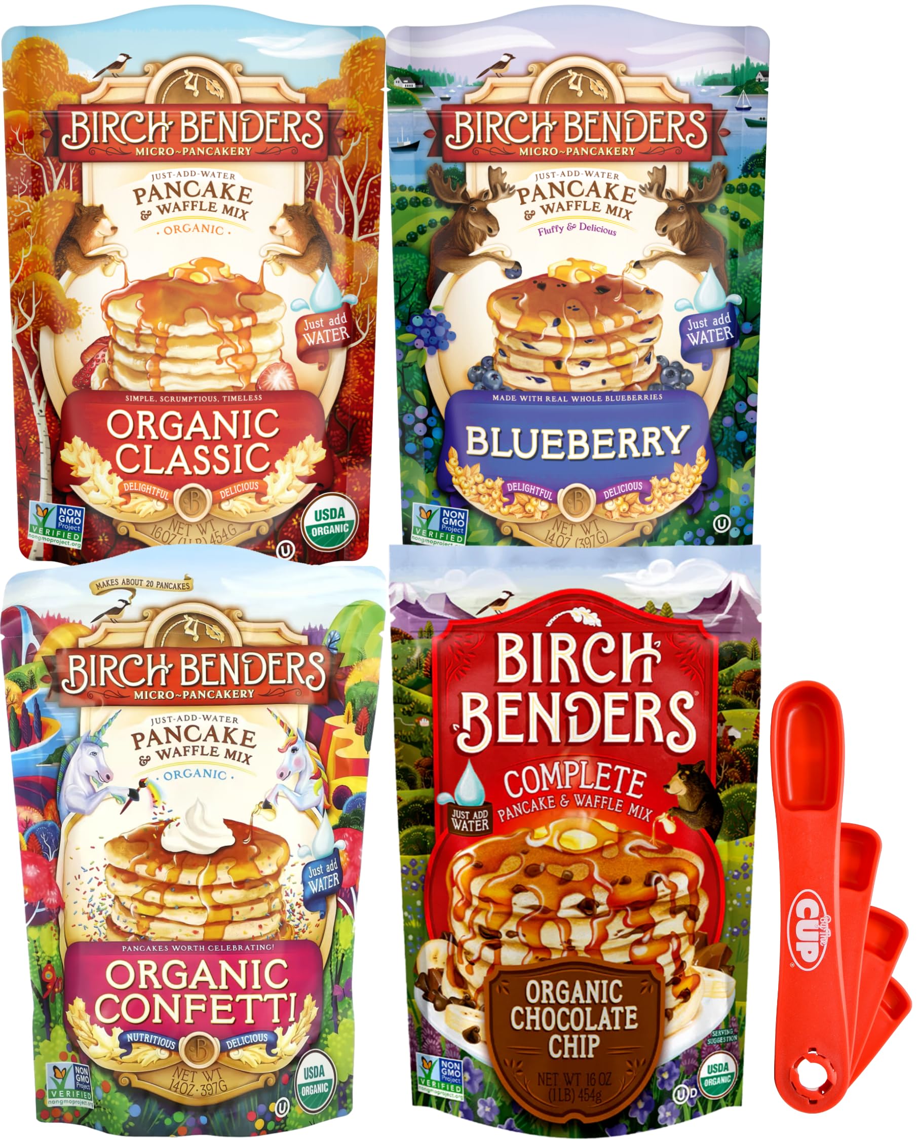 Birch Benders Pancake and Waffle Mix Variety: (Pack of 4) Organic Classic, Blueberry, Organic Confetti, Organic Chocolate Chip with By The Cup Swivel Spoons