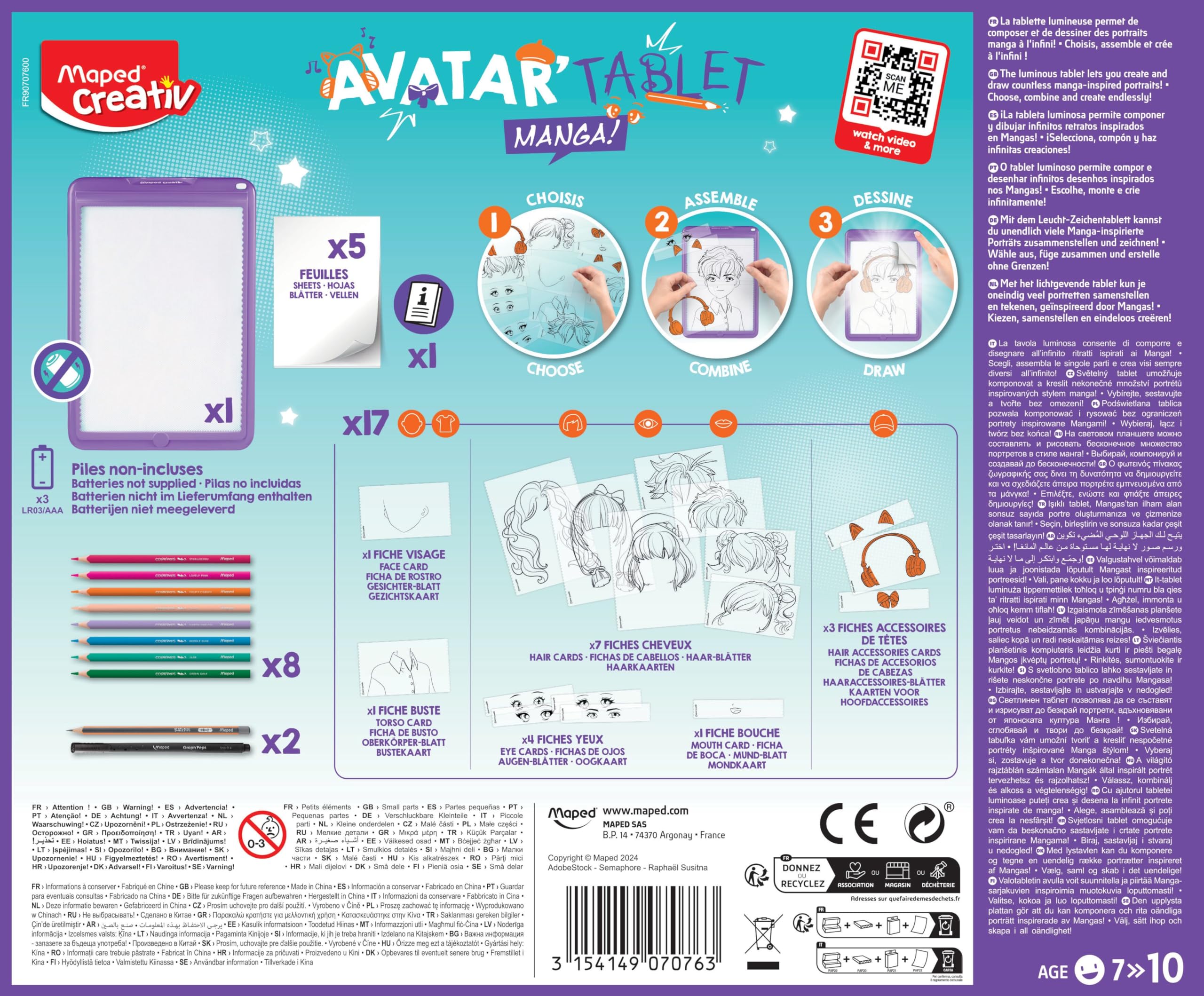 Maped Creativ Avatar'Tablet Manga - Macchina da disegno luminosa, per comporre ritratti Manga all'infinito, tavoletta luminosa con schede, modelli e materiali da disegno, a partire dai 7 anni