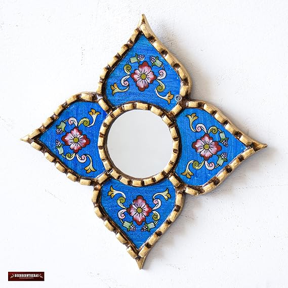 Artisan Small Decorative Mirror Reverse Painted Glass Blue