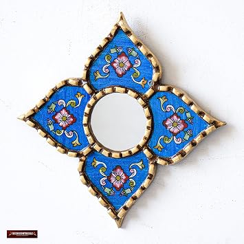 Artisan Small Decorative Mirror Reverse Painted Glass Blue