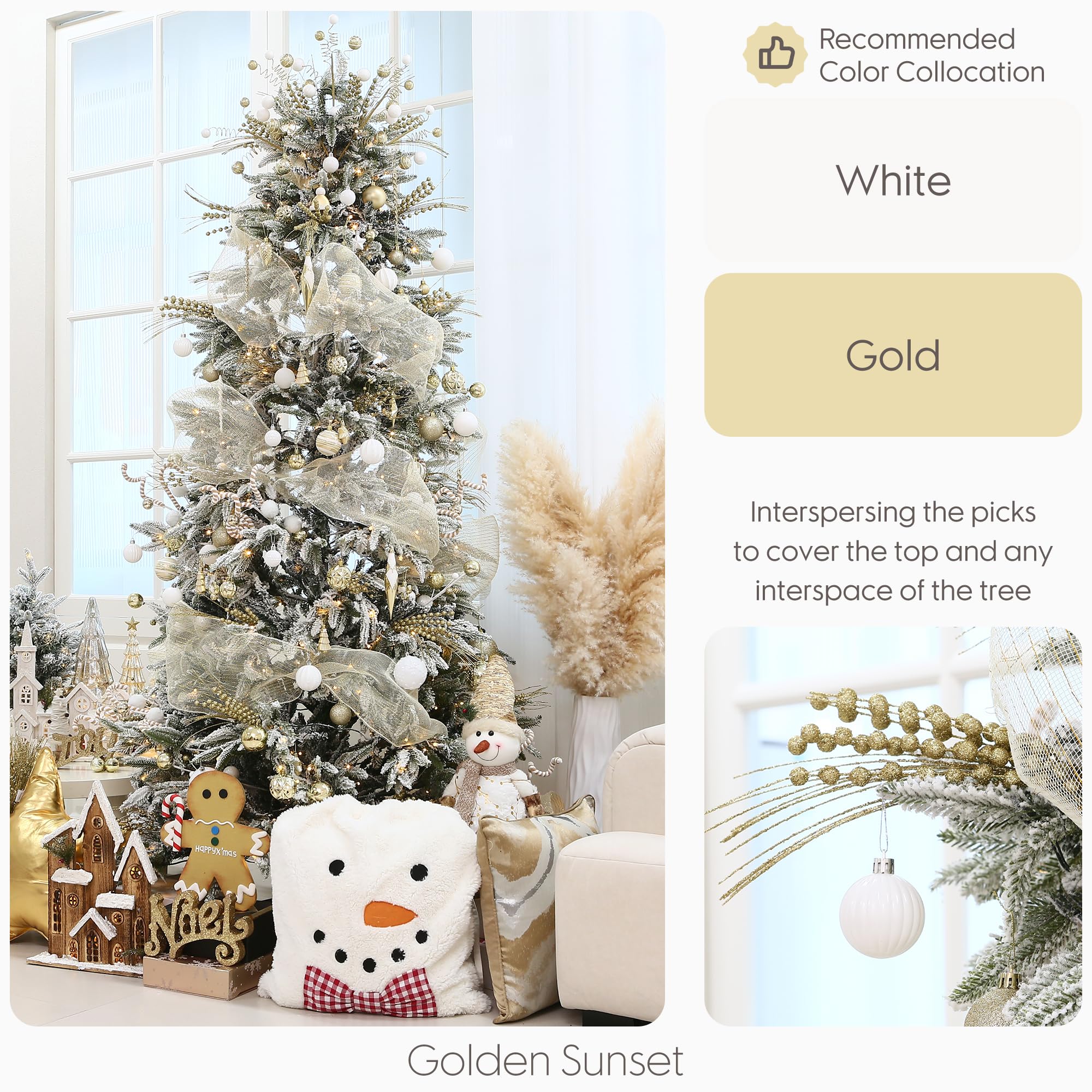 Sea Team 24-Pack Decorative Christmas Tree Branches, Fluffy Glittery Bead Twigs, Tree Toppers, Vase Fillers, Stems, Picks for Christmas Tree, Wreath, Garland, 16.5-Inch, Gold - Image 2