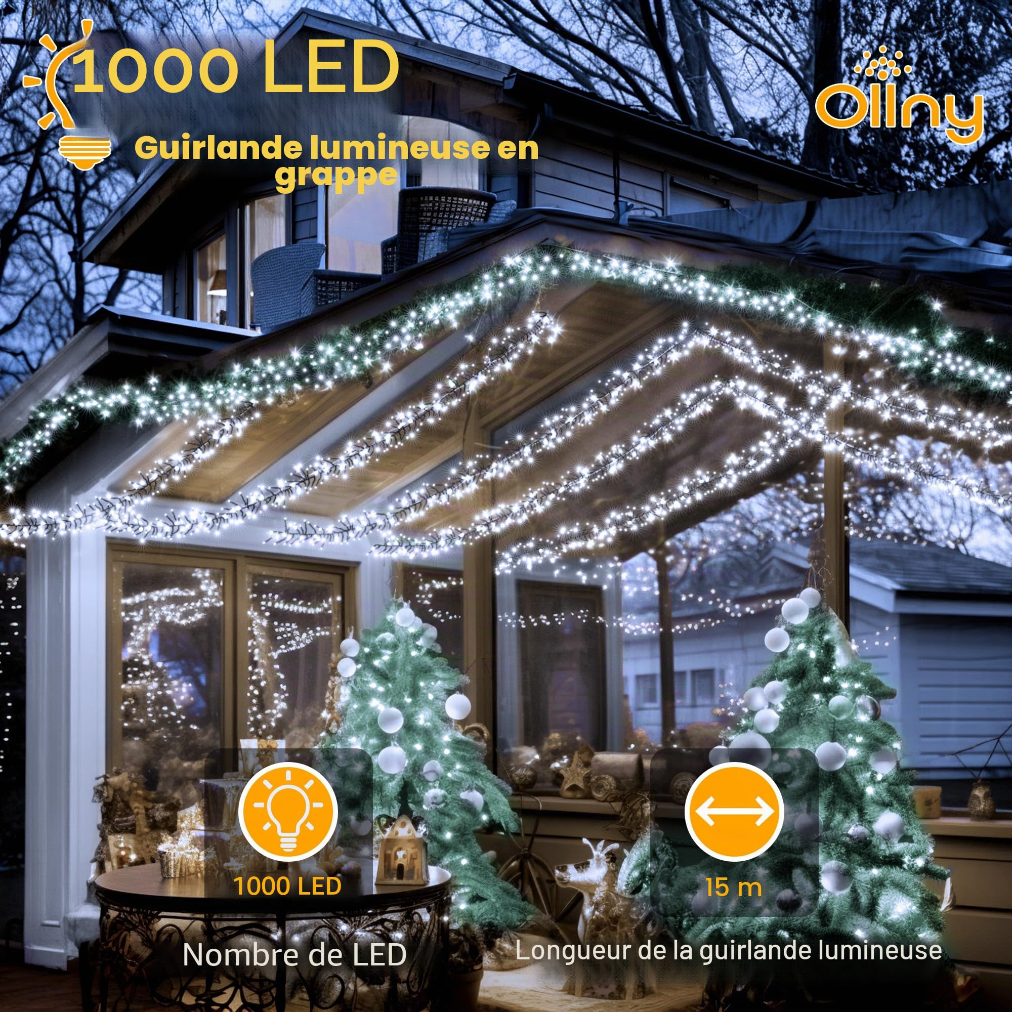 Ollny Guirlande lumineuse LED 15m 1000 LED, guirlande lumineuse de Noël IP44 étanche avec télécommande et minuterie, 8 modes, décoration de fête pour Noël, anniversaire, mariage, salon, blanc froid