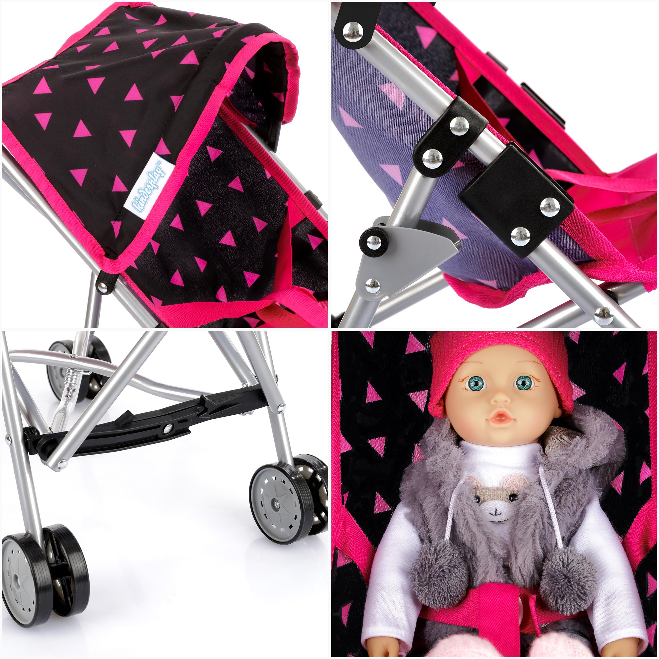 Kinderplay Passeggino per Bambole in Alluminio – Manico 54 cm, Leggero e Pieghevole – Per Bambini 2+ – Ruote Doppie Silenziose e Cintura di Sicurezza
