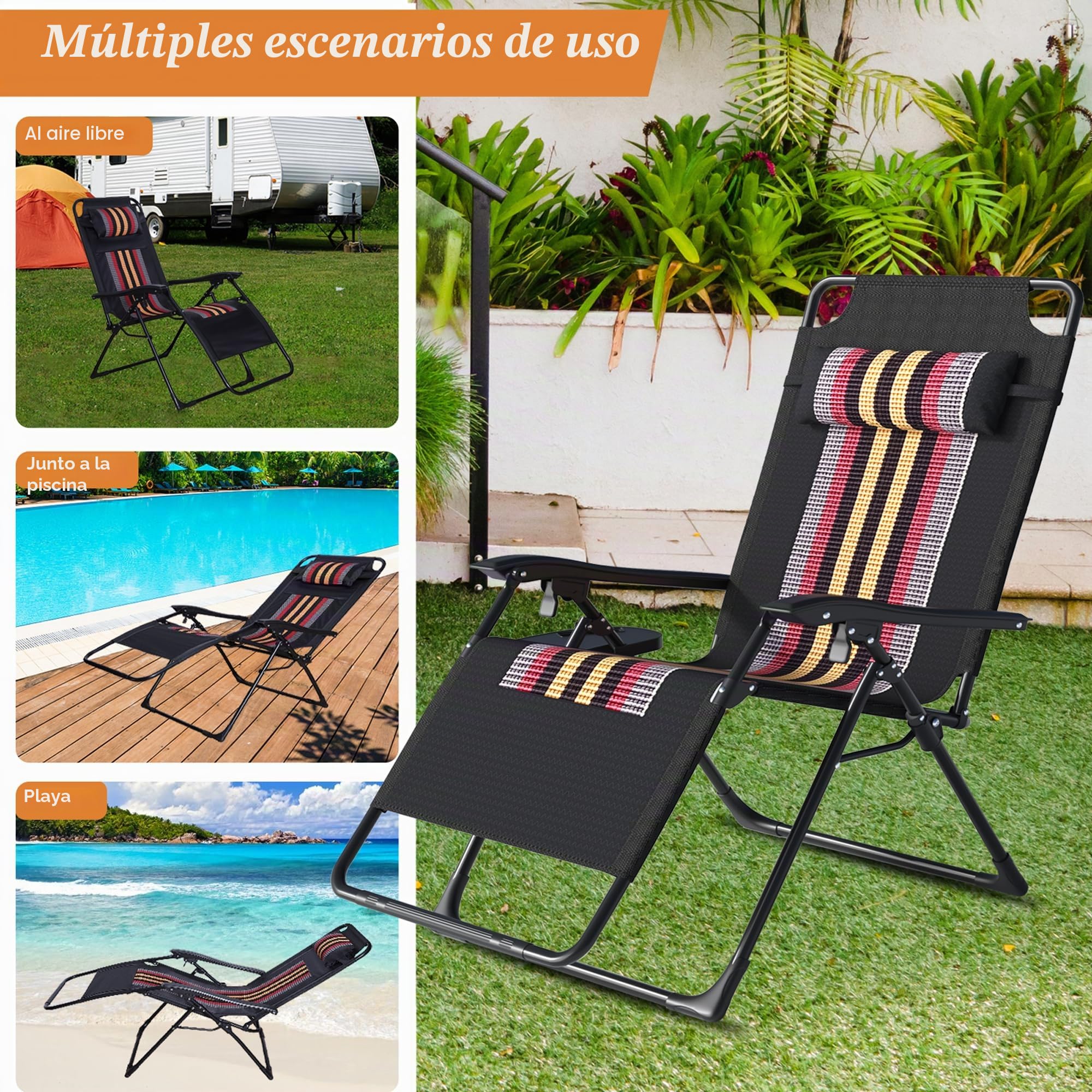 Tumbona Jardin Exterior, Tumbonas Plegable, Extra Ancho Silla Gravedad Cero Reclinable - Respaldo Ajustable, Silla con Portavasos y Reposacabezas, para Playa, Piscina, Terraza, Negro