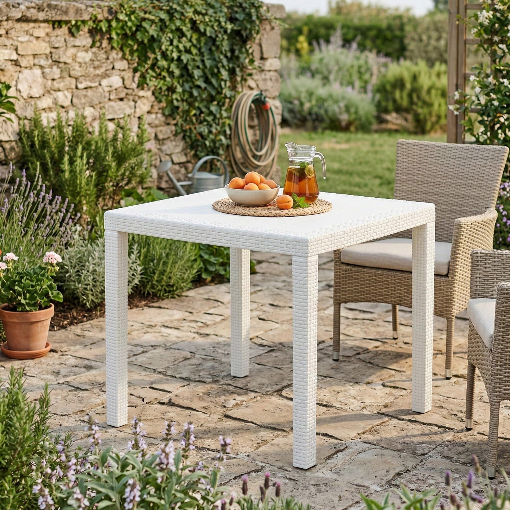 Dmora - Tavolo da esterno Agrigento, Tavolo quadrato da giardino, Tavolino fisso effetto rattan, 100% Made in Italy, 79x79h72 cm, Bianco