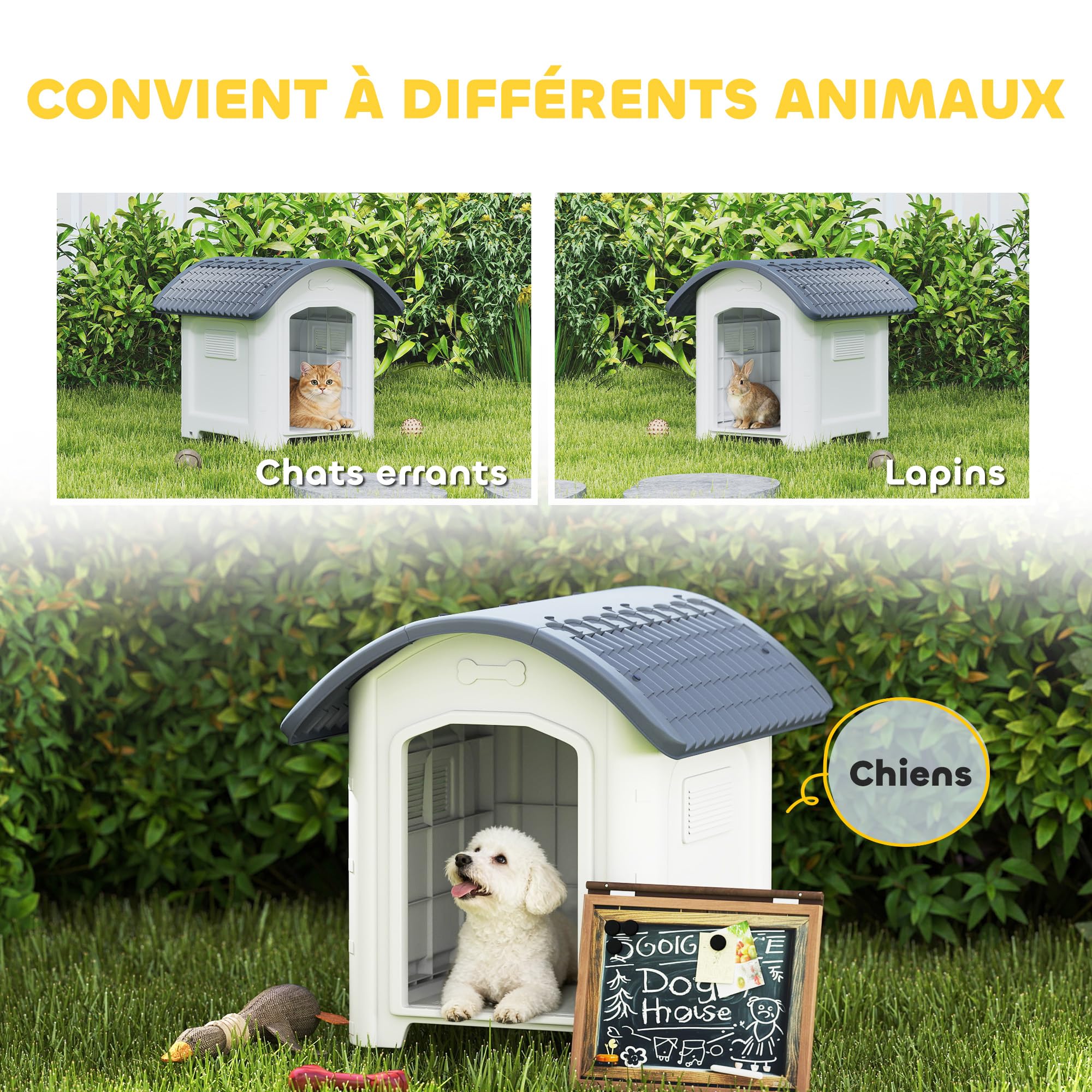 PawHut Niche pour Chien extérieur en polypropylène imperméable, ventilé, Maison Chien extérieur, Plancher surélevé et Amovible, bouches d'aération, pour Jardin, terrasse, intérieur, Gris