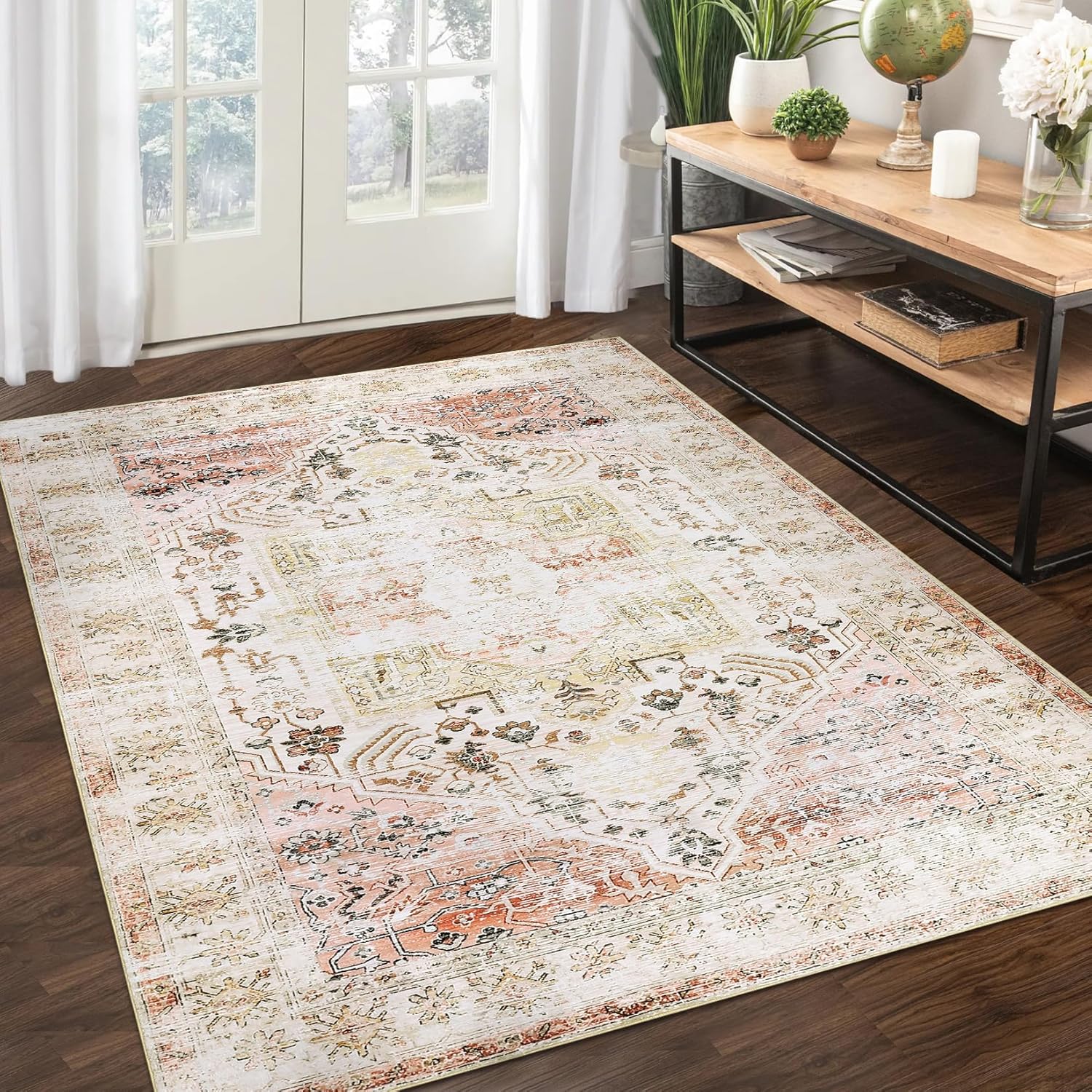 GarveeHome 3x5 Washable Area Rug – Stain Resistant, Non-Slip Low Pile Carpet, Vintage Oriental Floral Design for Bedroom, Living Room, Entryway, Kitchen (Pink)