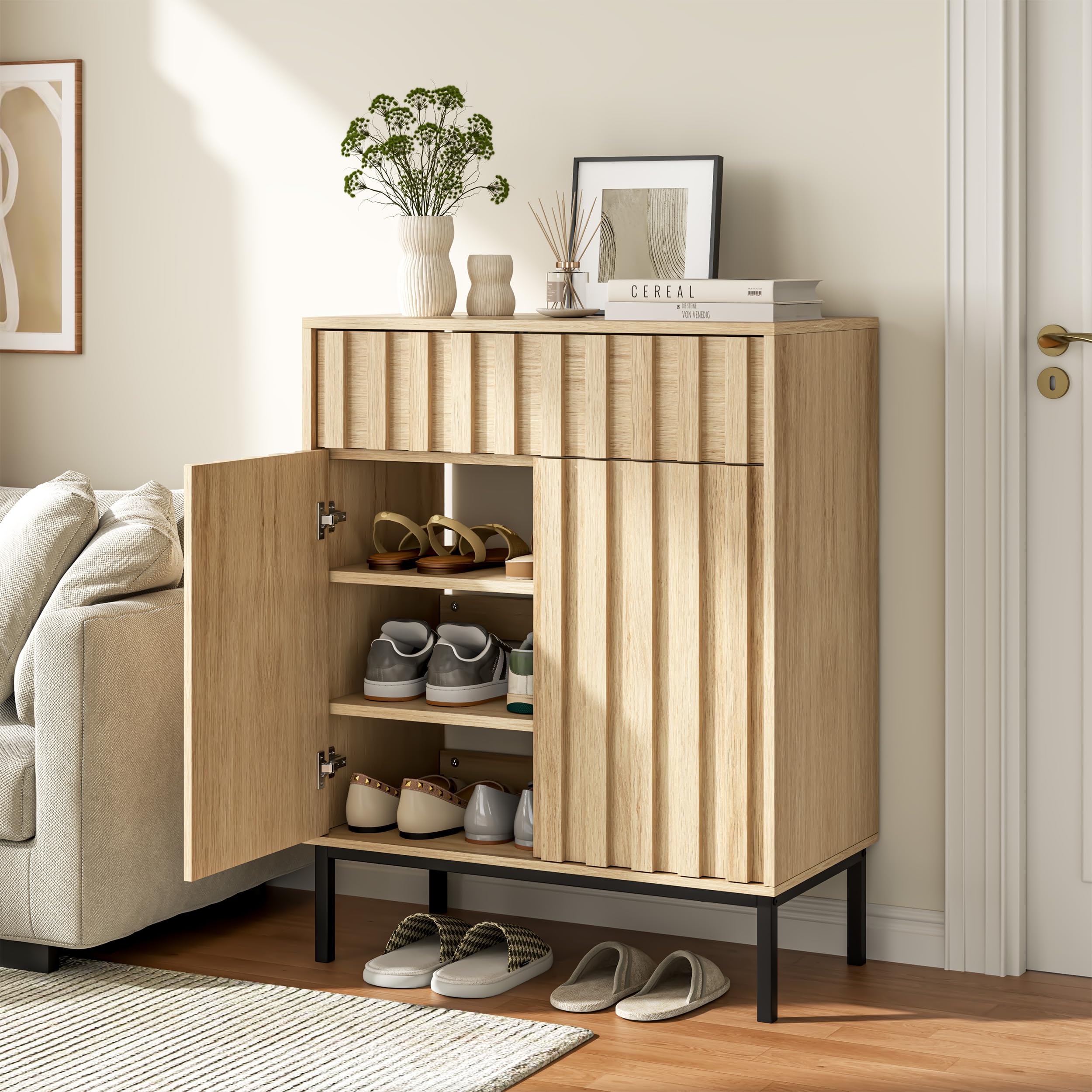 UEV Wood Slat Shoe Storage Cabinet with Drawer, Compact Entryway Shoe Cabinet, 3-Tier Shoe Cabinet for Large Shoes, Ventilated Backless Hallway Storage Unit (Natural Wood, 70W × 37.5D × 88H cm)