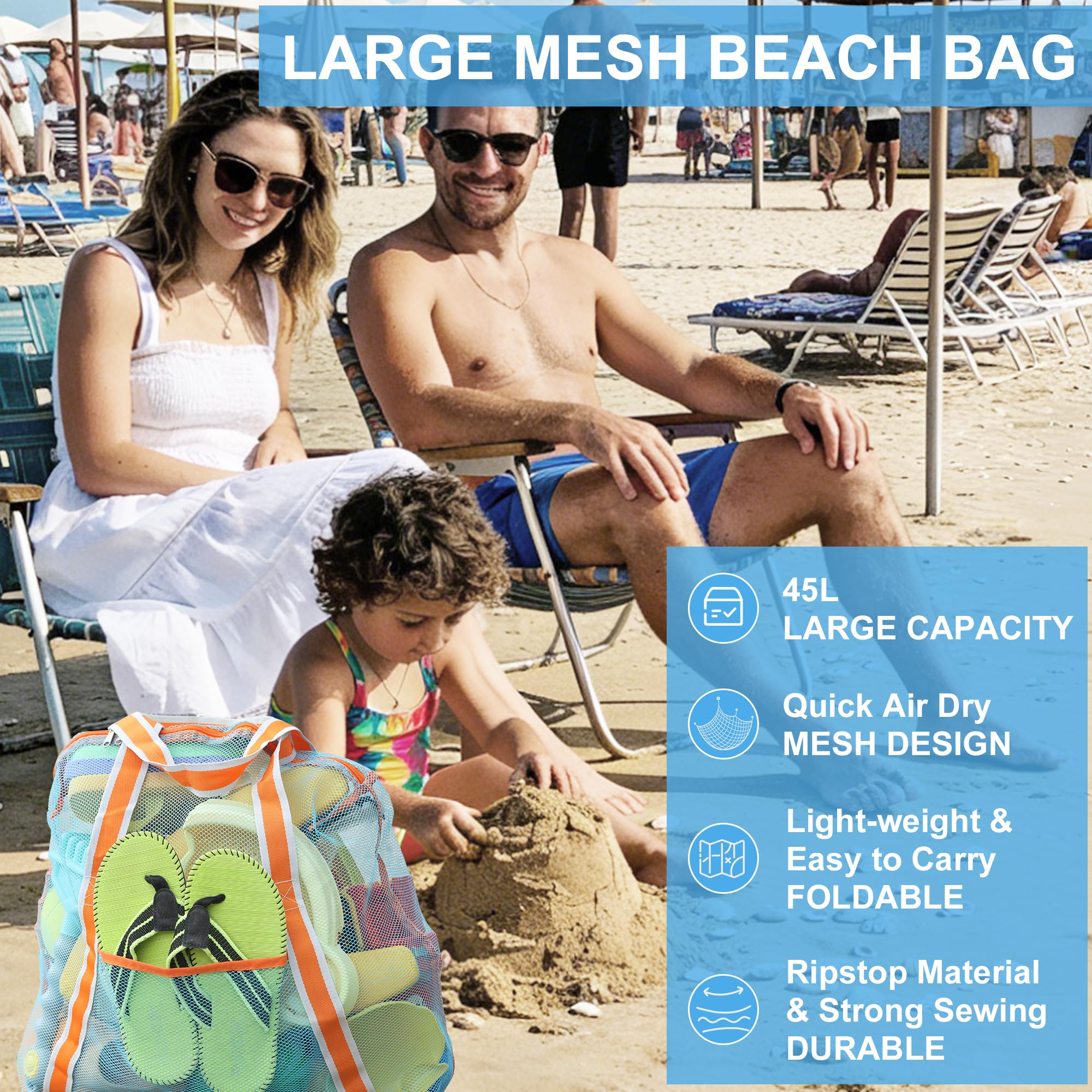 Leberna Bolsa de playa de malla grande, bolsa plegable familiar para juguetes y artículos esenciales de vacaciones