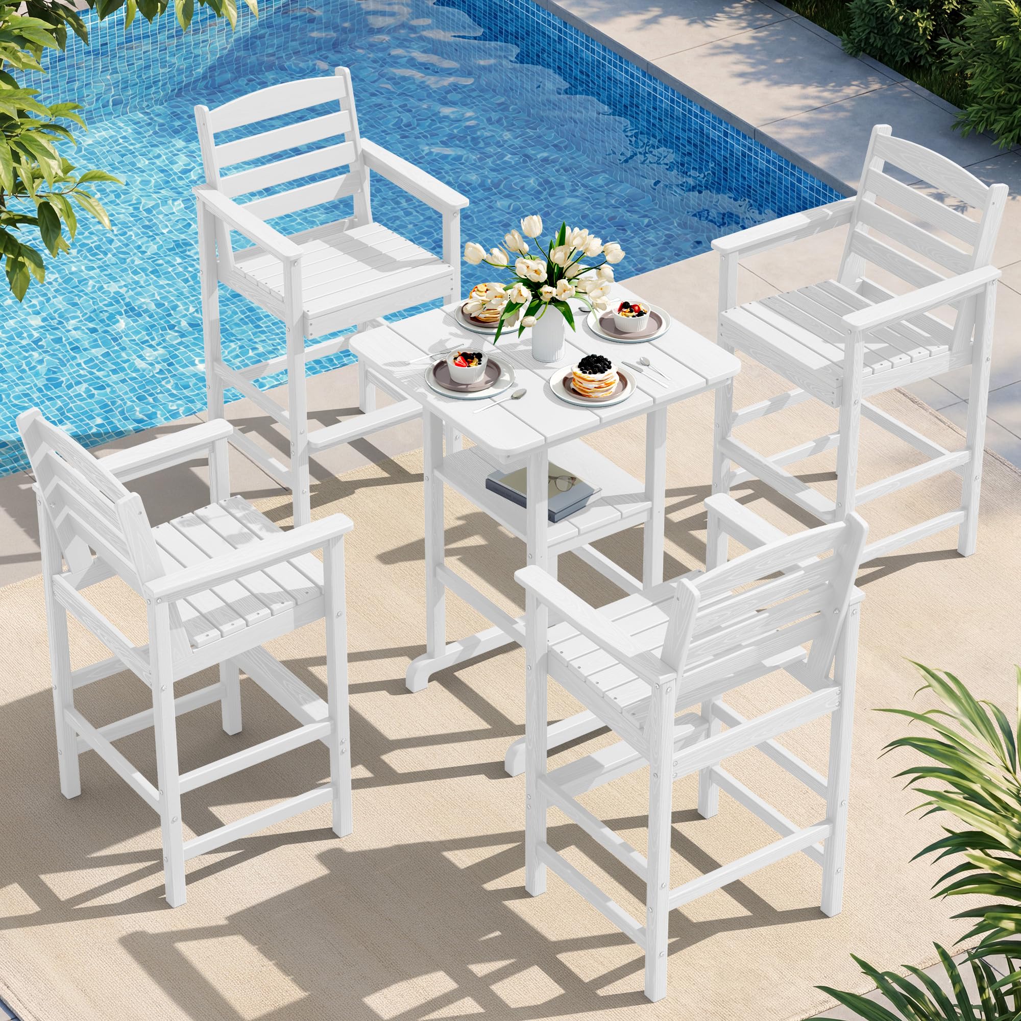 SERWALL 5 Pcs HDPE Bar Height Chairs and Double Layer Pub Table Set, White