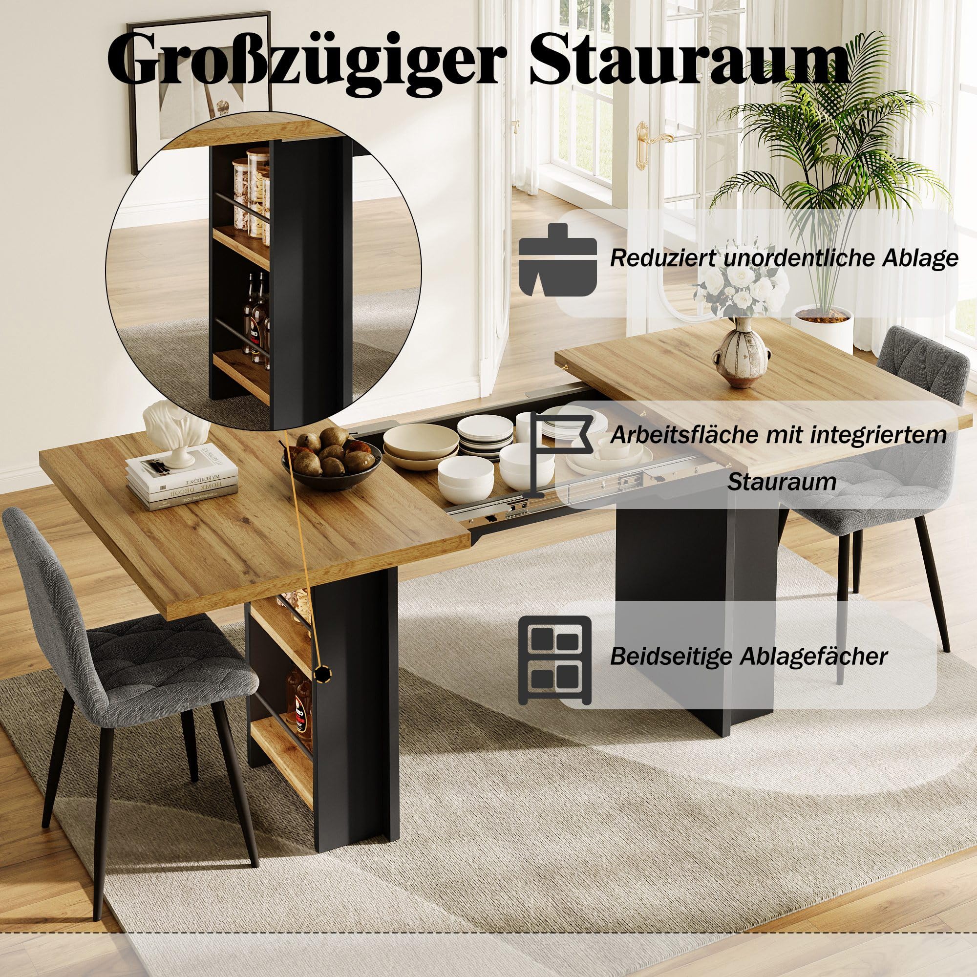 Esstisch Teleskoptisch (120-160×80cm), Tisch mit Regalen, Küchentisch, Ausziehtisch, mit Hilfe innenliegender Einlegeplatten，Ausziehbar, für Küche und Wohnzimmer, Holzfarbener