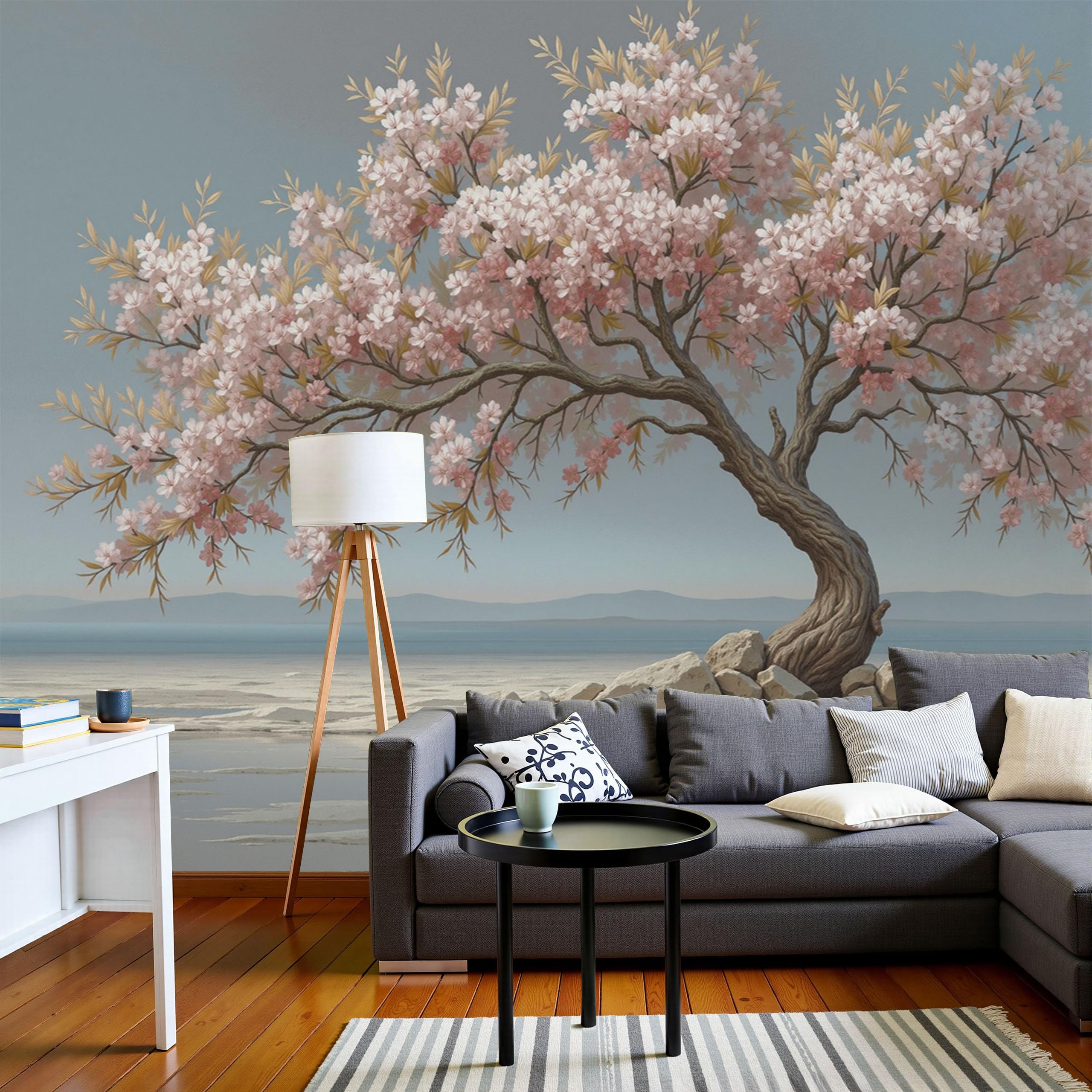 Papier peint panoramique pour masquer un mur vide avec un paysage de cerisiers