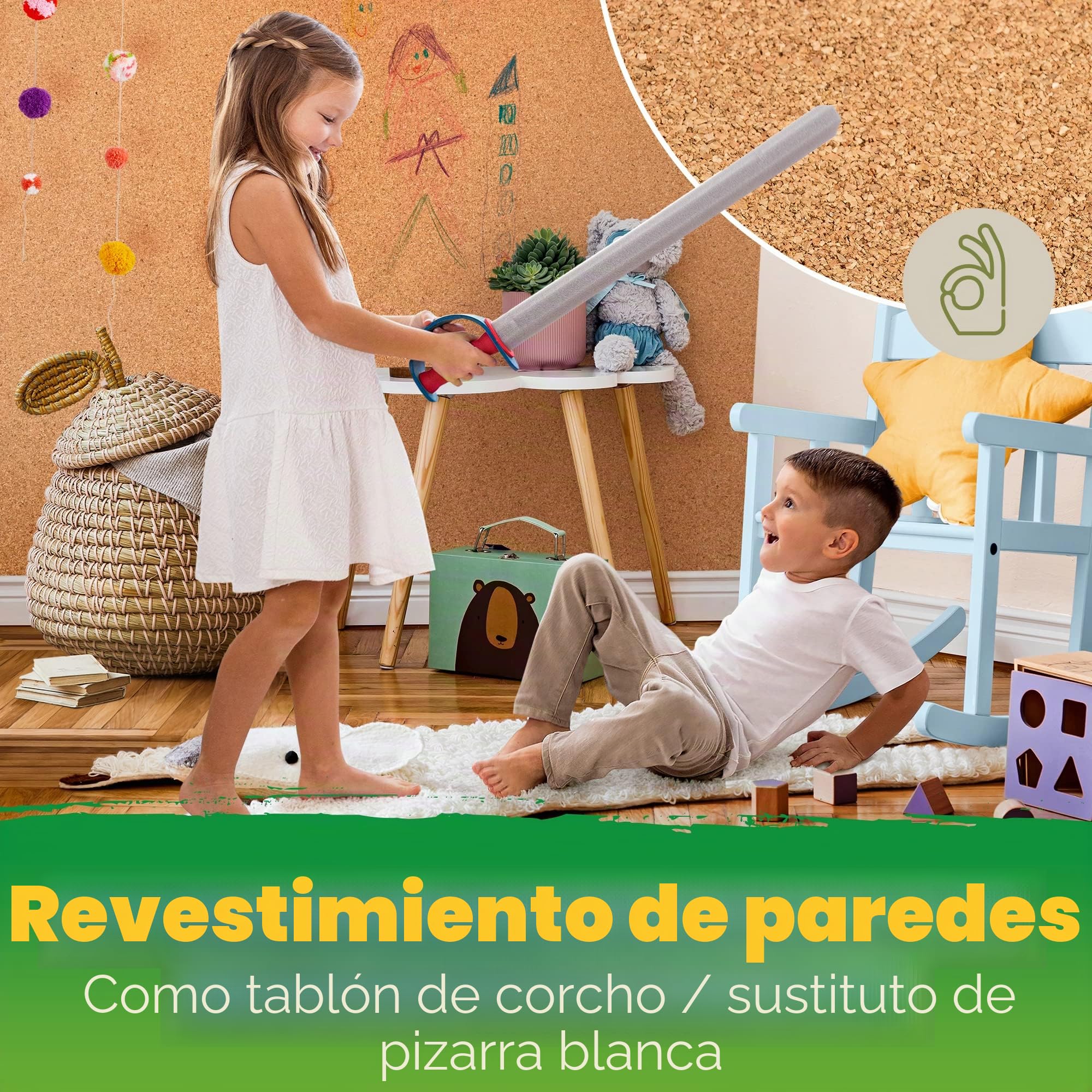 Plancha de corcho prensado, autoadhesiva, con adhesivo 3M, 900 x 600 mm (90 x 60 cm), 5 mm de grosor, para tablón de anuncios, revestimiento de pared y decoración