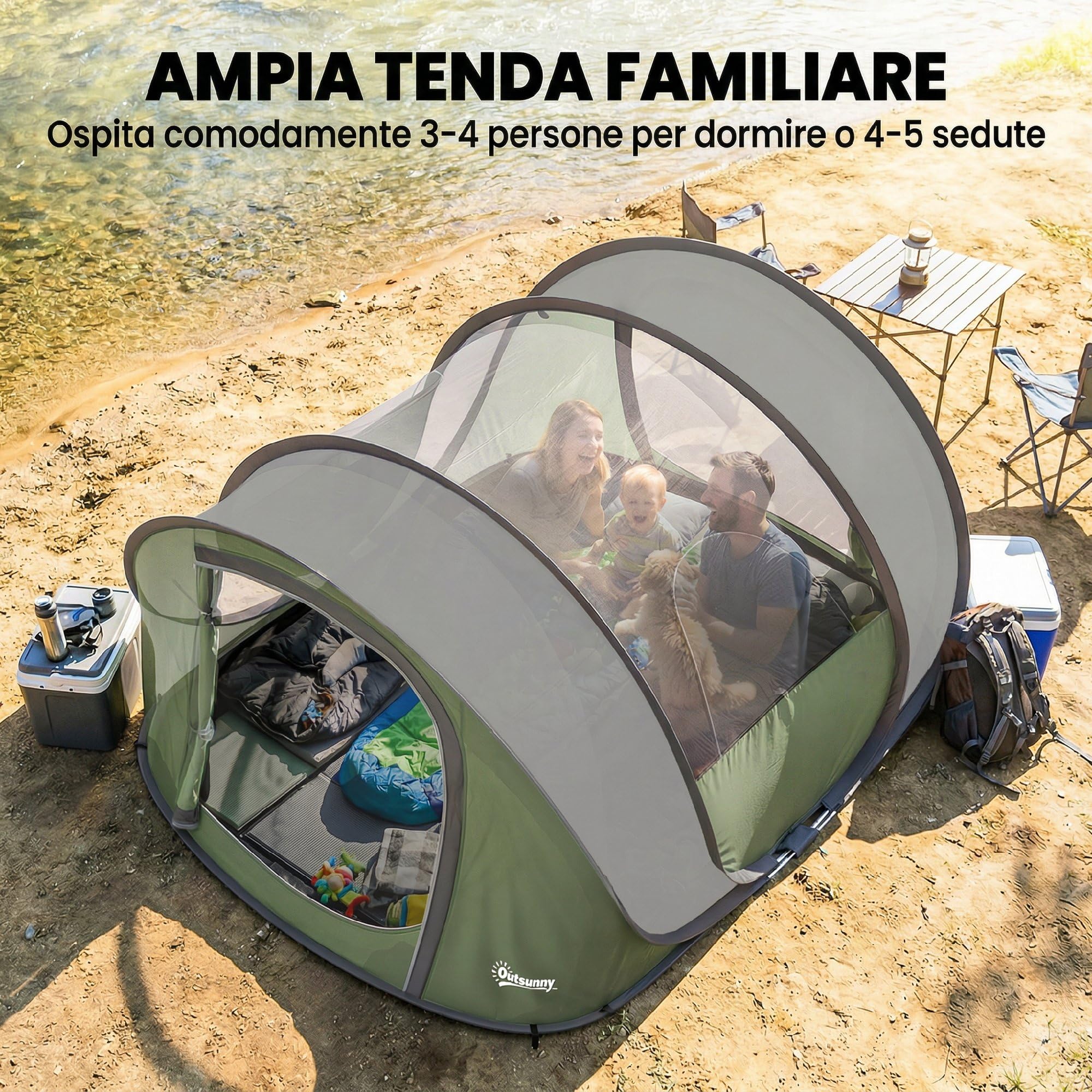 Outsunny Tenda da Campeggio Pop Up 4 Persone, Impermeabile 3000mm, con Borsa, Verde