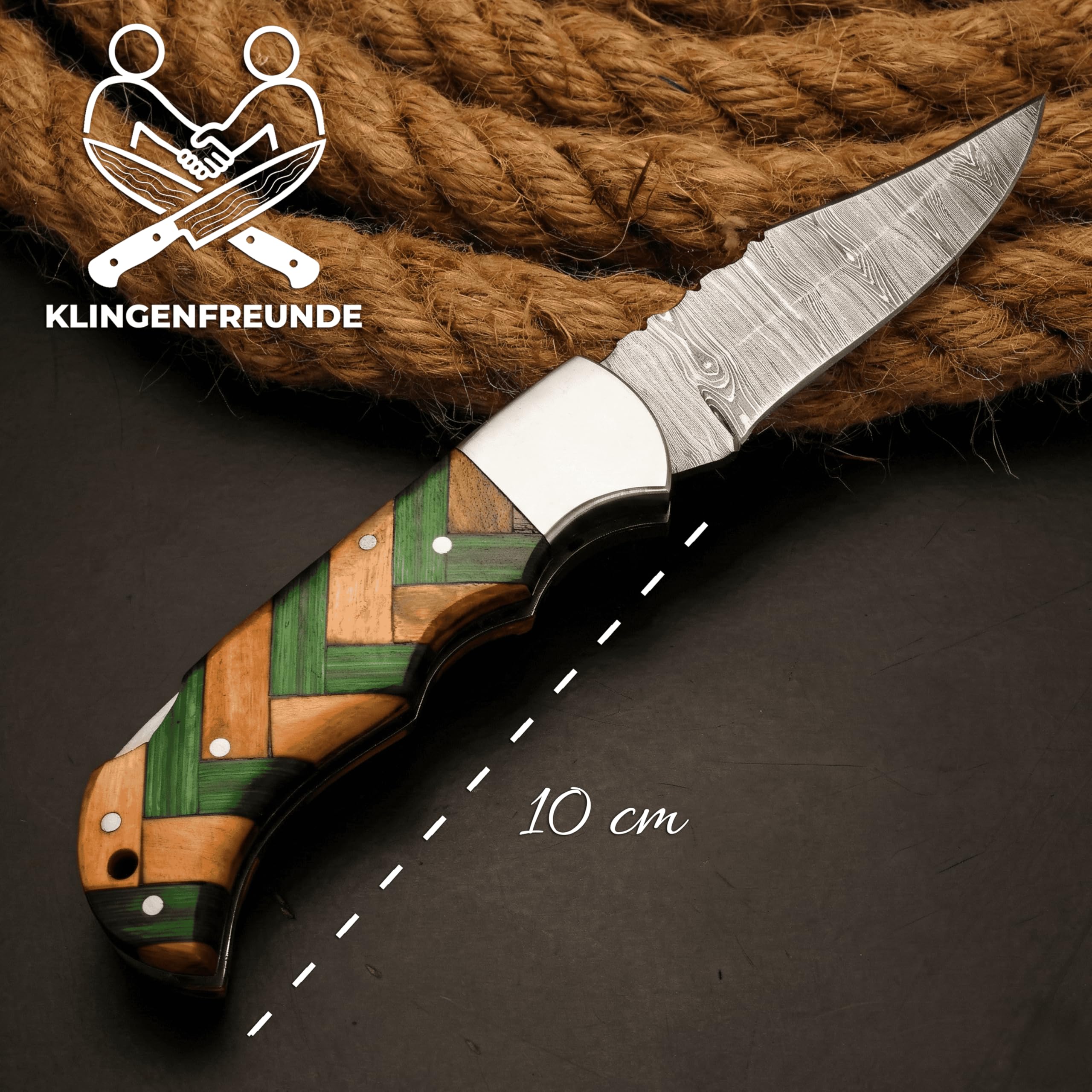 Generisch Damast Taschenmesser aus echtem Damaststahl – in Deutschland geschärft – personalisierte Gravur – hochwertiges Geschenk (Olive- & Pakka (Grün))