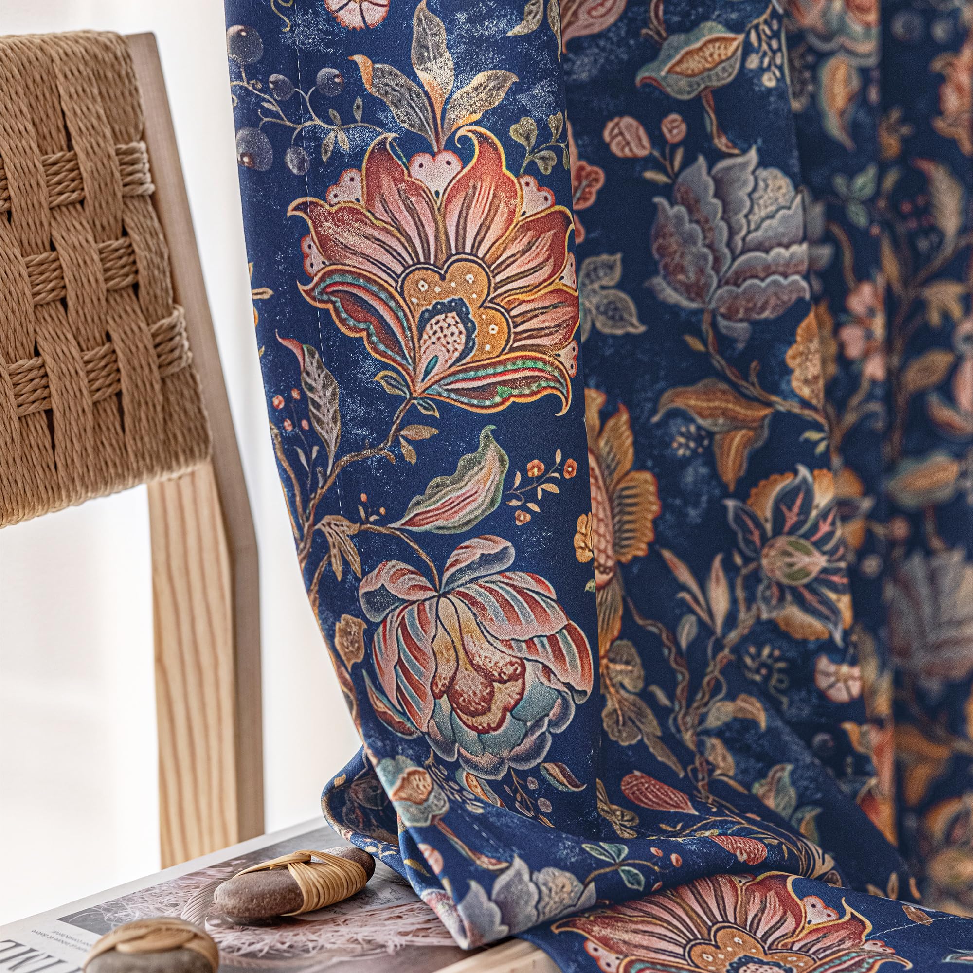 Fmfunctex Boho Floral Blackout Eyelet Curtains Blue 52 x 54 Inch Drop Pair