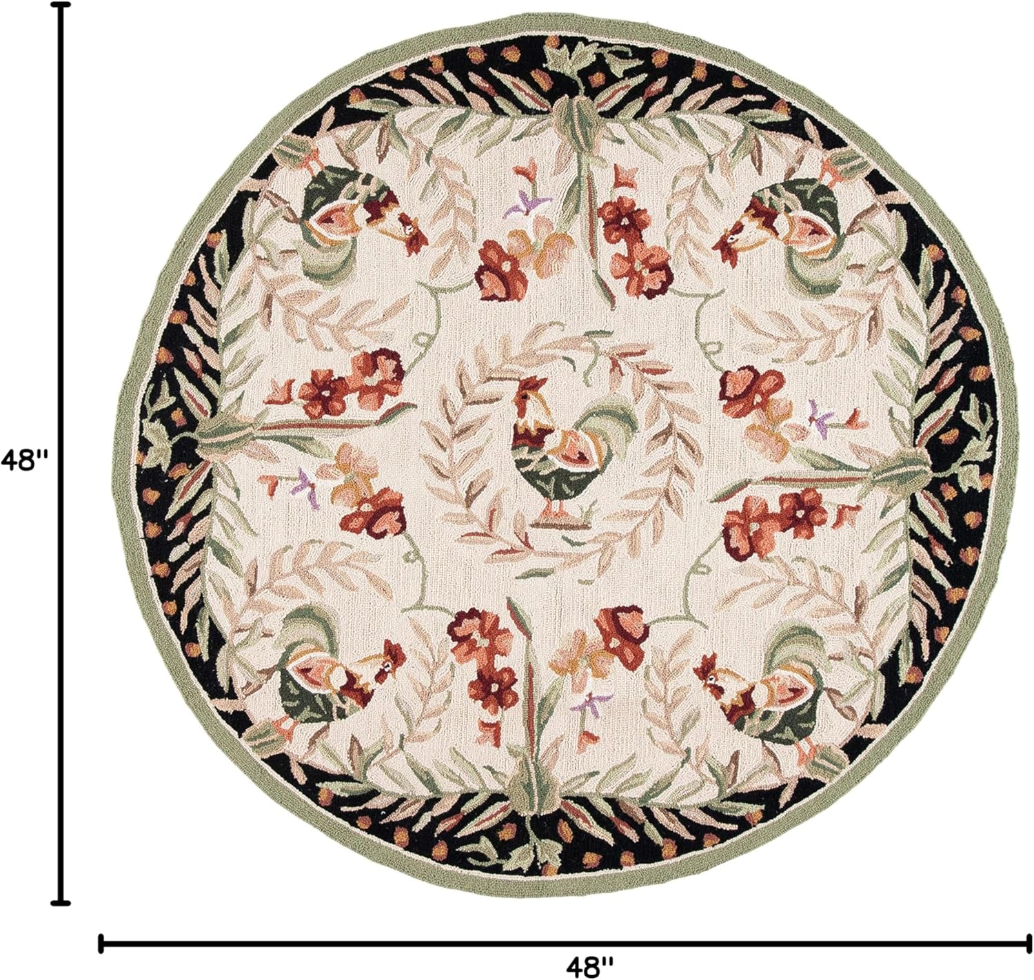 4' Round Black Floral Wool and Cotton Area Rug